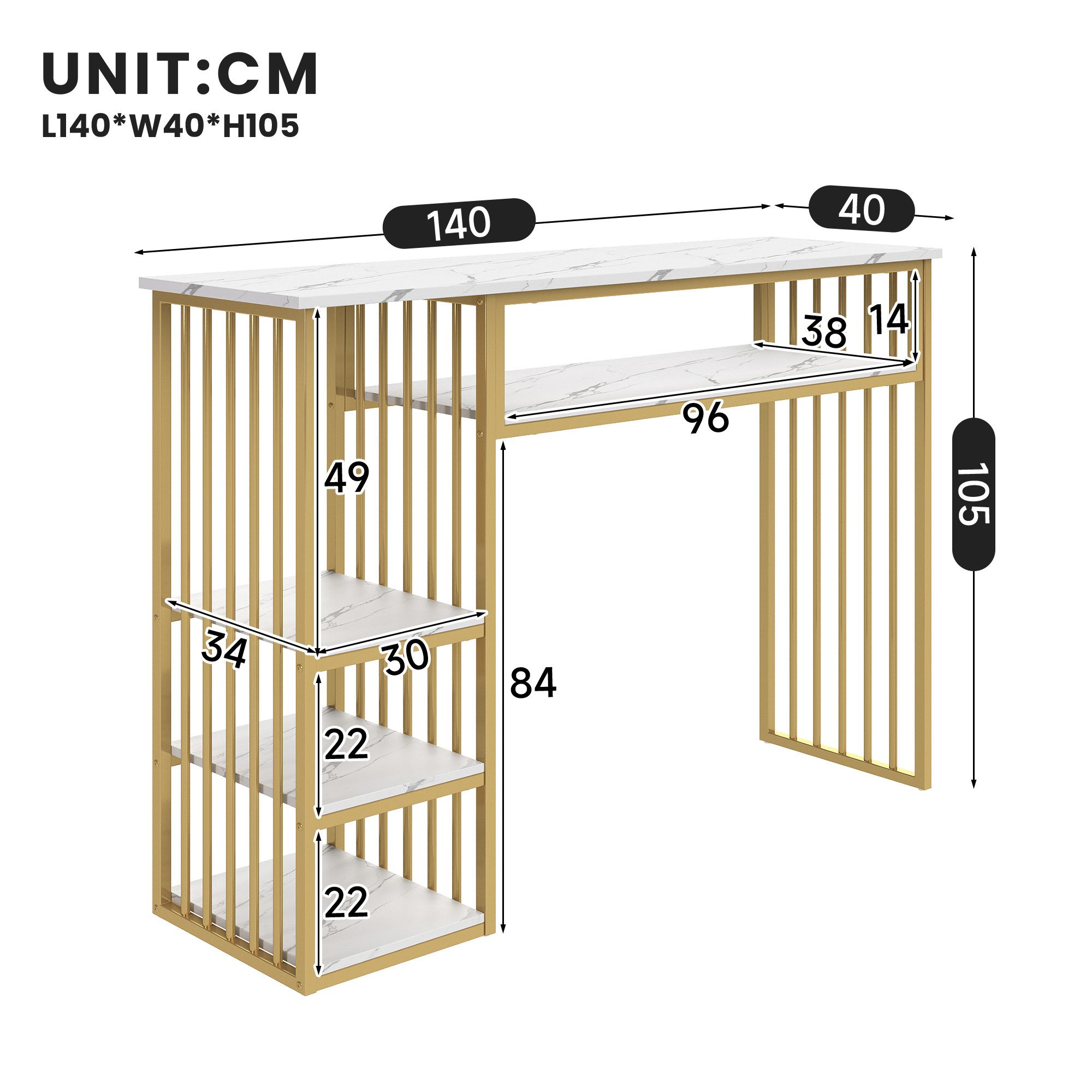 Flieks Bartisch Stehtisch mit MDF-Tischplatte in Marmoroptik, 4 Ablageflächen (140×40×105 cm, 1-St., 1 Tisch), rechteckig Esstisch mit Stauraum Küchentisch, Met – Bild 4 von 5