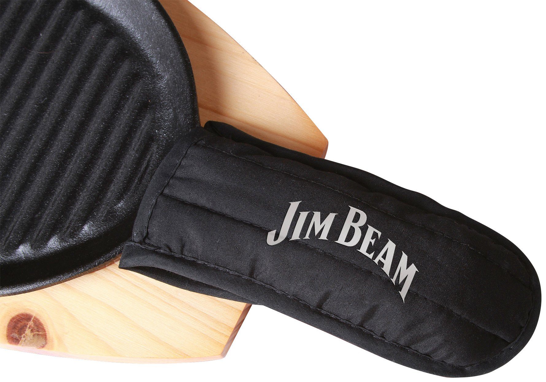 Jim Beam BBQ Stk., 4 Holzuntersetzer Gusseisen inkl. und Griffüberzug Grillpfanne, (Set)