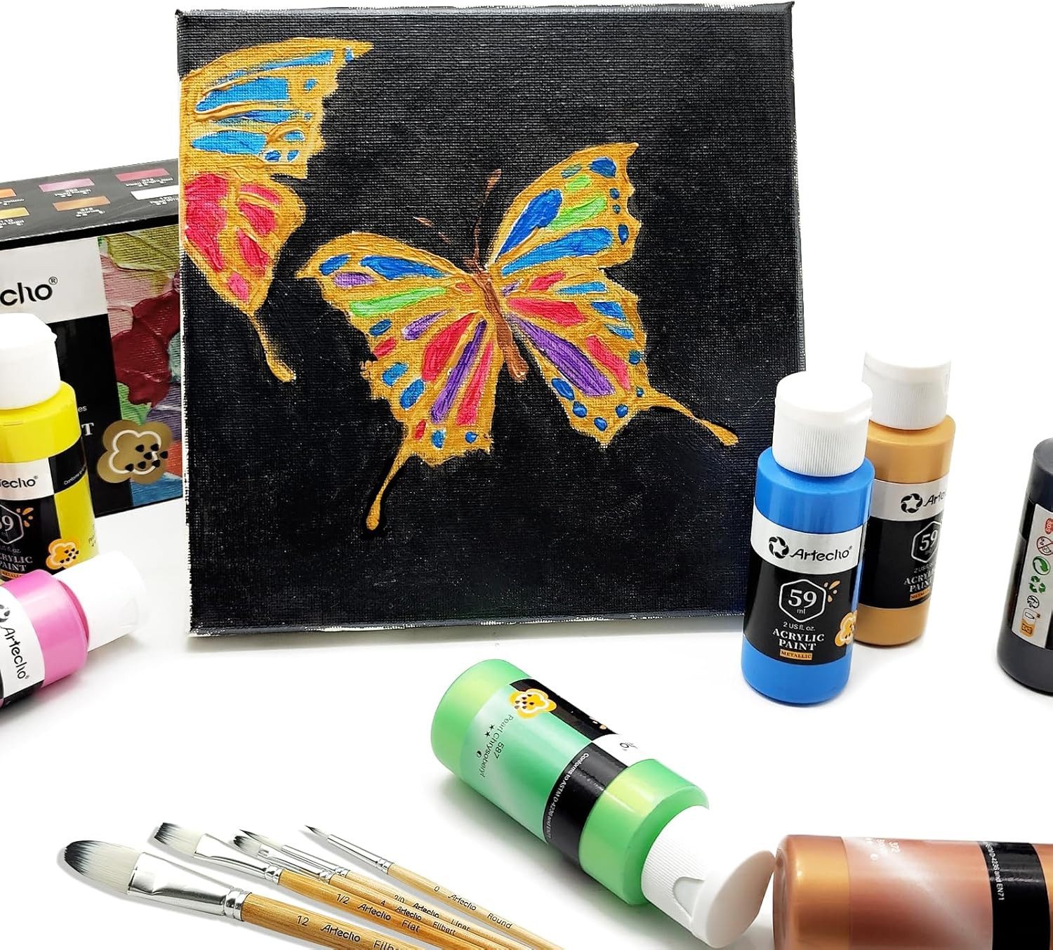 Artecho Acrylfarbe 12 x Metallic Acrylfarben, je 59 ml Flaschen mit Klappverschluss, für Papier, Ton, Holz, Steine – zum Reisen, Malen & Freude verschenken