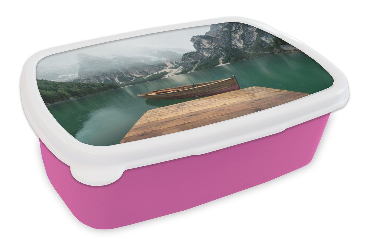 MuchoWow Lunchbox Nebel - Schnee - Berg - Boot, Kunststoff, (2-tlg), Brotbox für Erwachsene, Brotdose Kinder, Snackbox, Mädchen, Kunststoff rosa