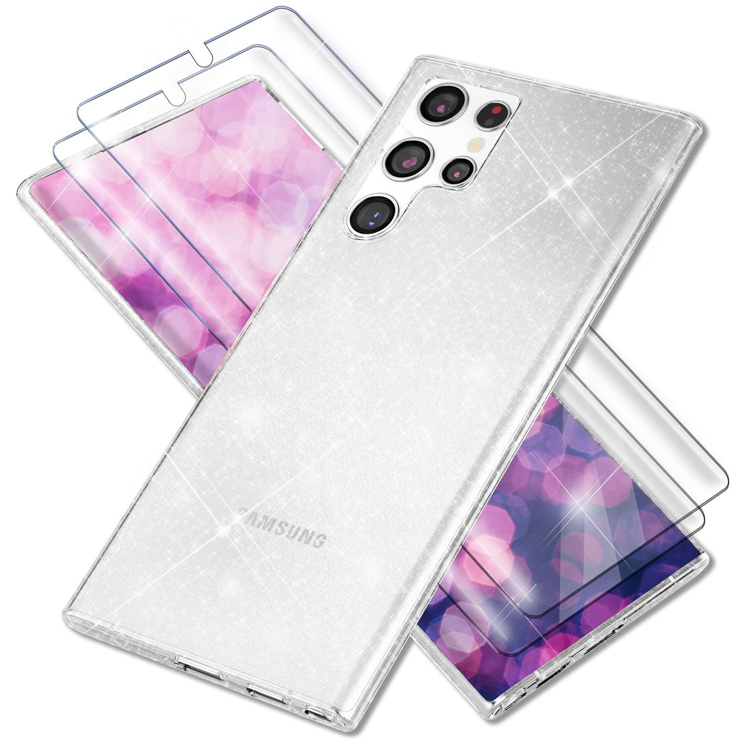 Nalia Smartphone-Hülle Samsung Galaxy S23 Ultra, Klare Glitzer Silikon Hülle / 2x Displayschutz / Glitter Bling Cover