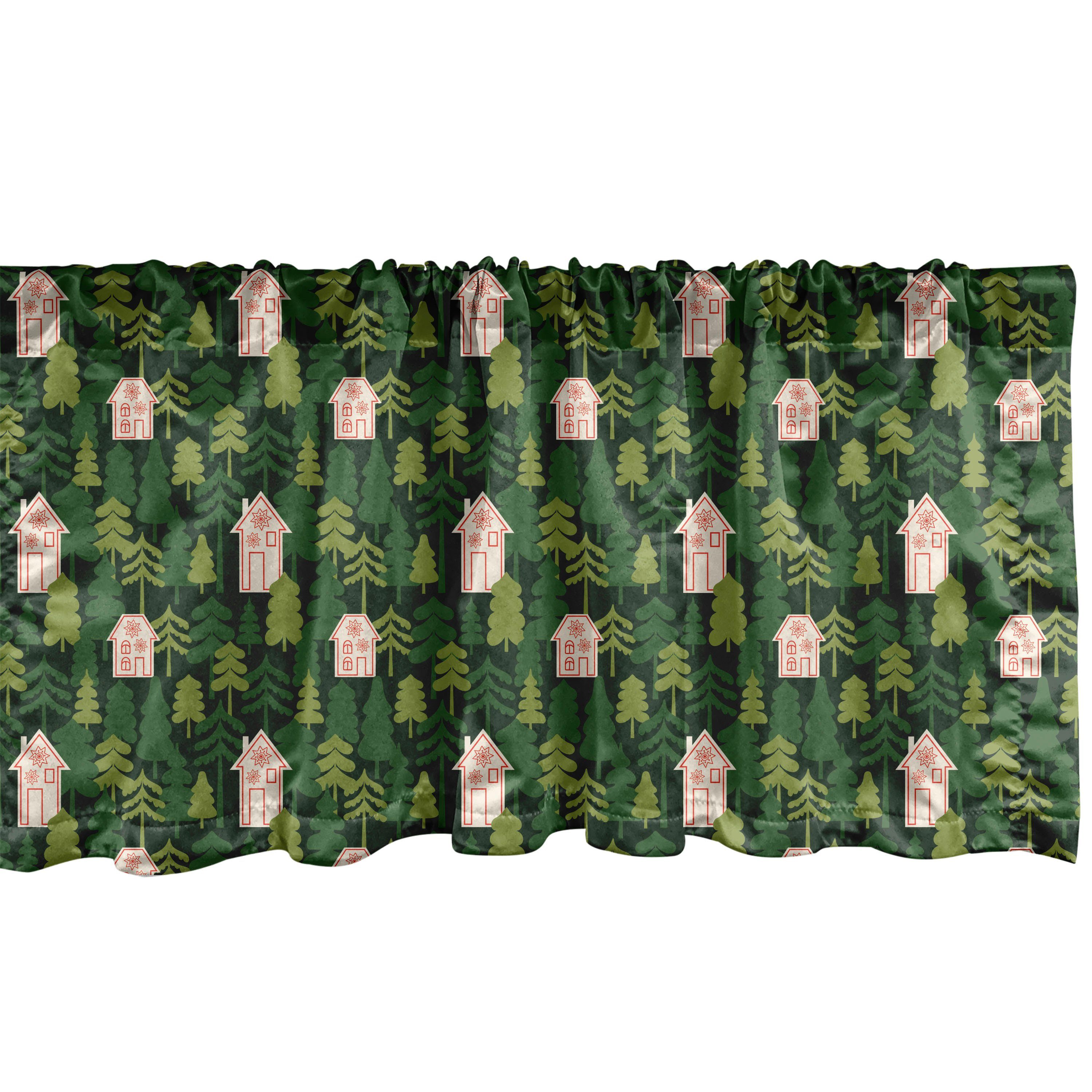 Scheibengardine Vorhang Volant für Küche Schlafzimmer Dekor mit Stangentasche, Abakuhaus, Microfaser, Wald Häuser unter Bäumen Natur