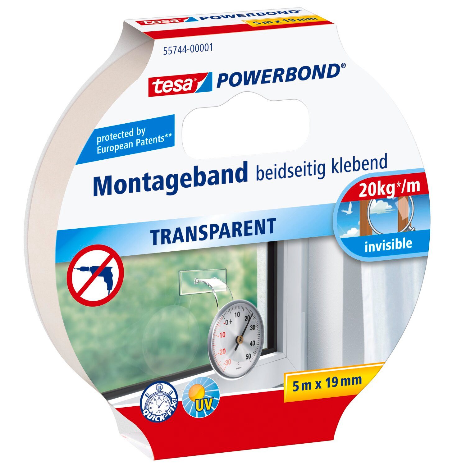tesa Doppelklebeband Powerbond Montageband (Packung, 1-St., Montageklebeband) Monatgeklebeband transparent extra stark - 5 m : 19 mm