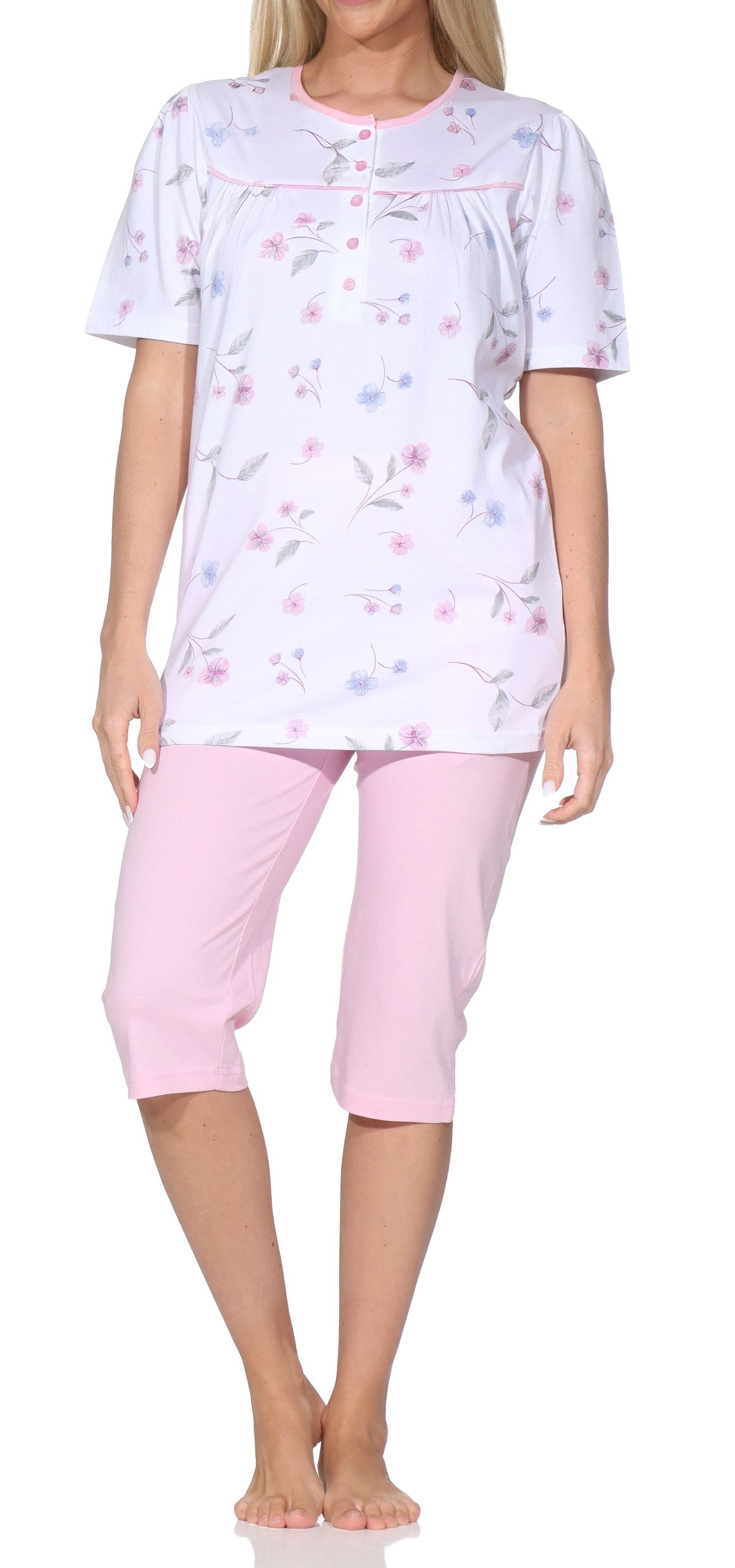 Normann Pyjama Normann Damen Capri-Pyjama kurzarm – Sommerliches Blumen-Design
