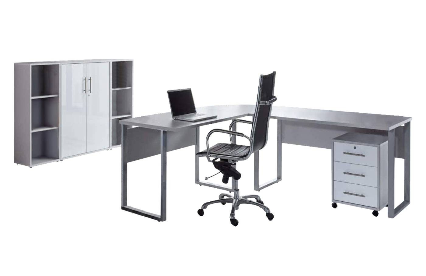 BMG Möbel Büromöbel-Set Office Edition Set 2, (Büro Set, 5 tlg., Fronten Matt oder Hochglanz lackiert), Aktenschrank und Rollcontainer abschließbar, Winkelschreibtisch