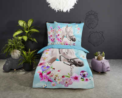 Bettwäsche weißes Pferd Horses Blume pink blau hellblau, soma, Baumolle, 2 teilig, Bettbezug Kopfkissenbezug Set kuschelig weich hochwertig