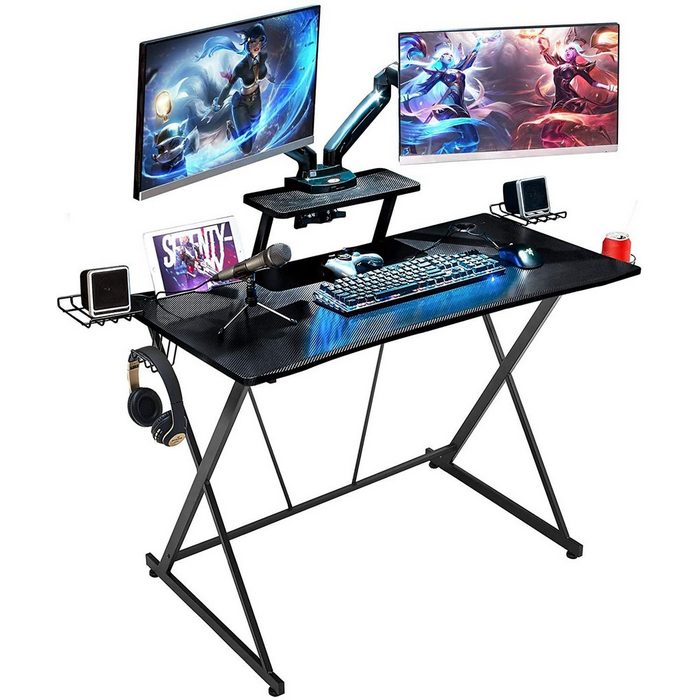 LBLA Gamingtisch (Computertisch PC Tisch Ergonomischer X-förmiger Workstation Study Desk Computer Schreibtisch 106 x 60 x 76cm) mit Monitorständer Getränkehalter und Kopfhörerhaken