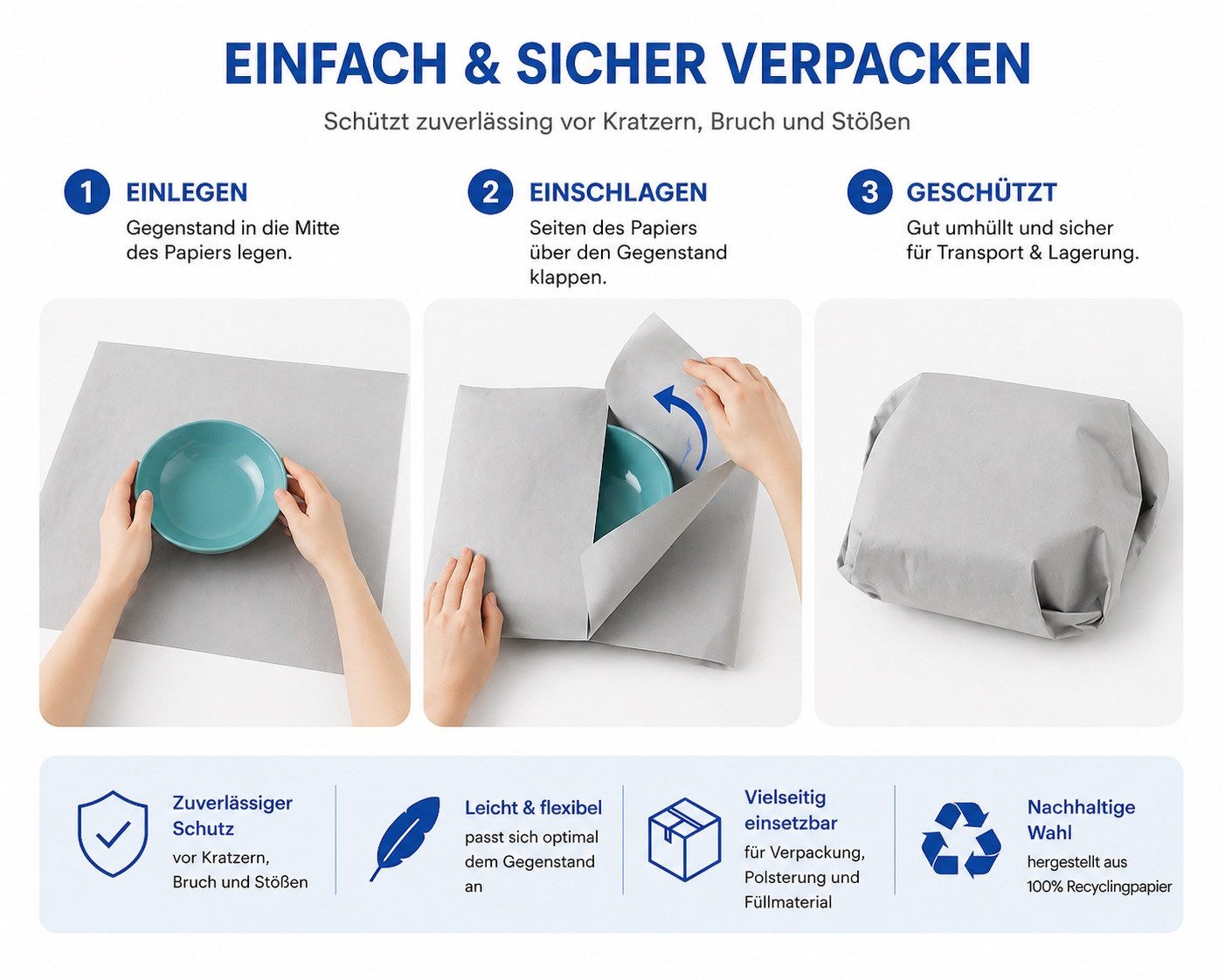 Papieronkel Seidenpapier Packseide Packpapier Bögen 30x42,5cm 28g/m² für Packen Umzug Geschirr, 100% Öko-Recycling, Einschlagpapier zum Einwickeln, weich & staubarm