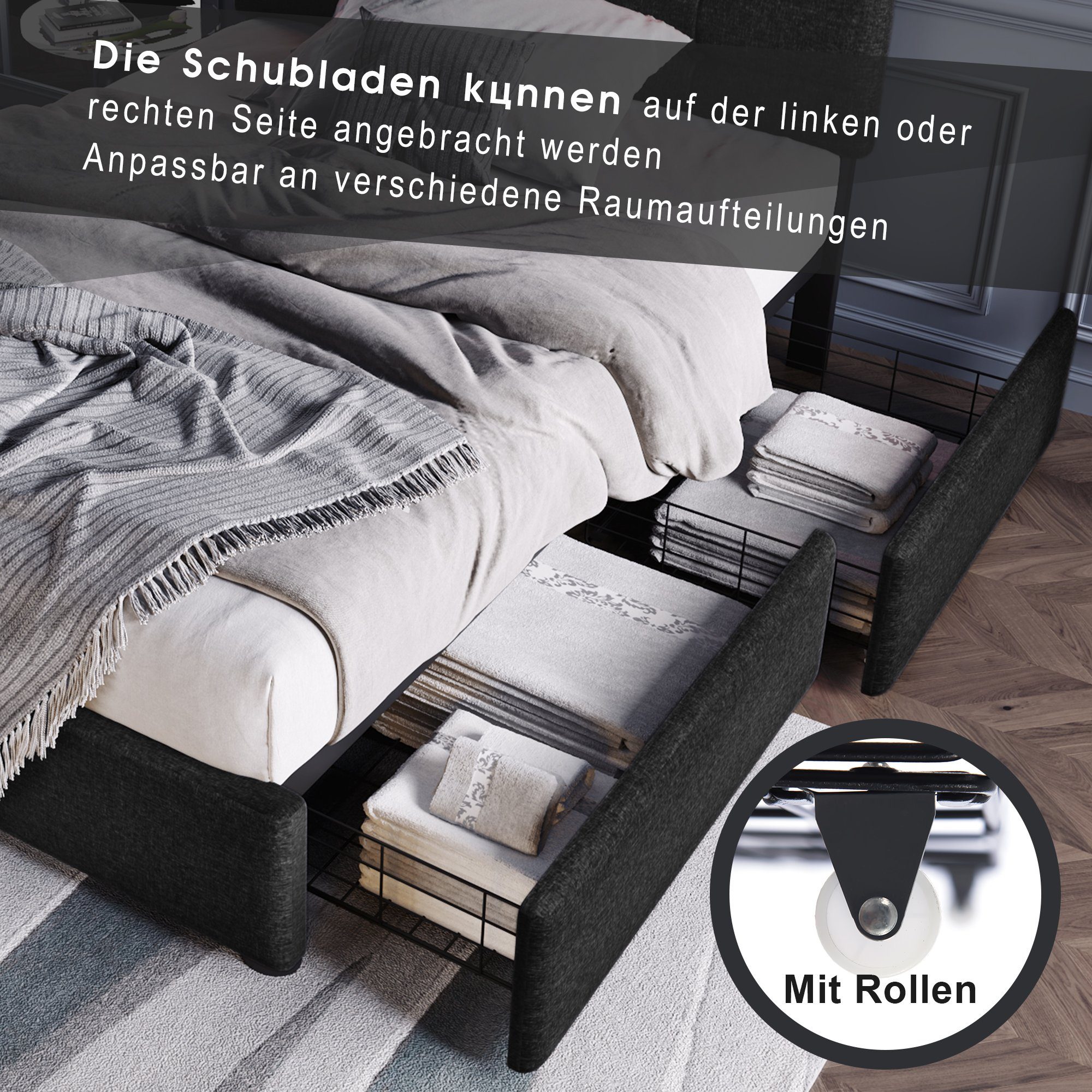 Polsterbett (mit LED-Beleuchtung, Fernbedienung und verstellbarem Kopfteil), Einzelbett mit Lattenrost, 2 Schubladen, Leinen, 90x200cm Bett