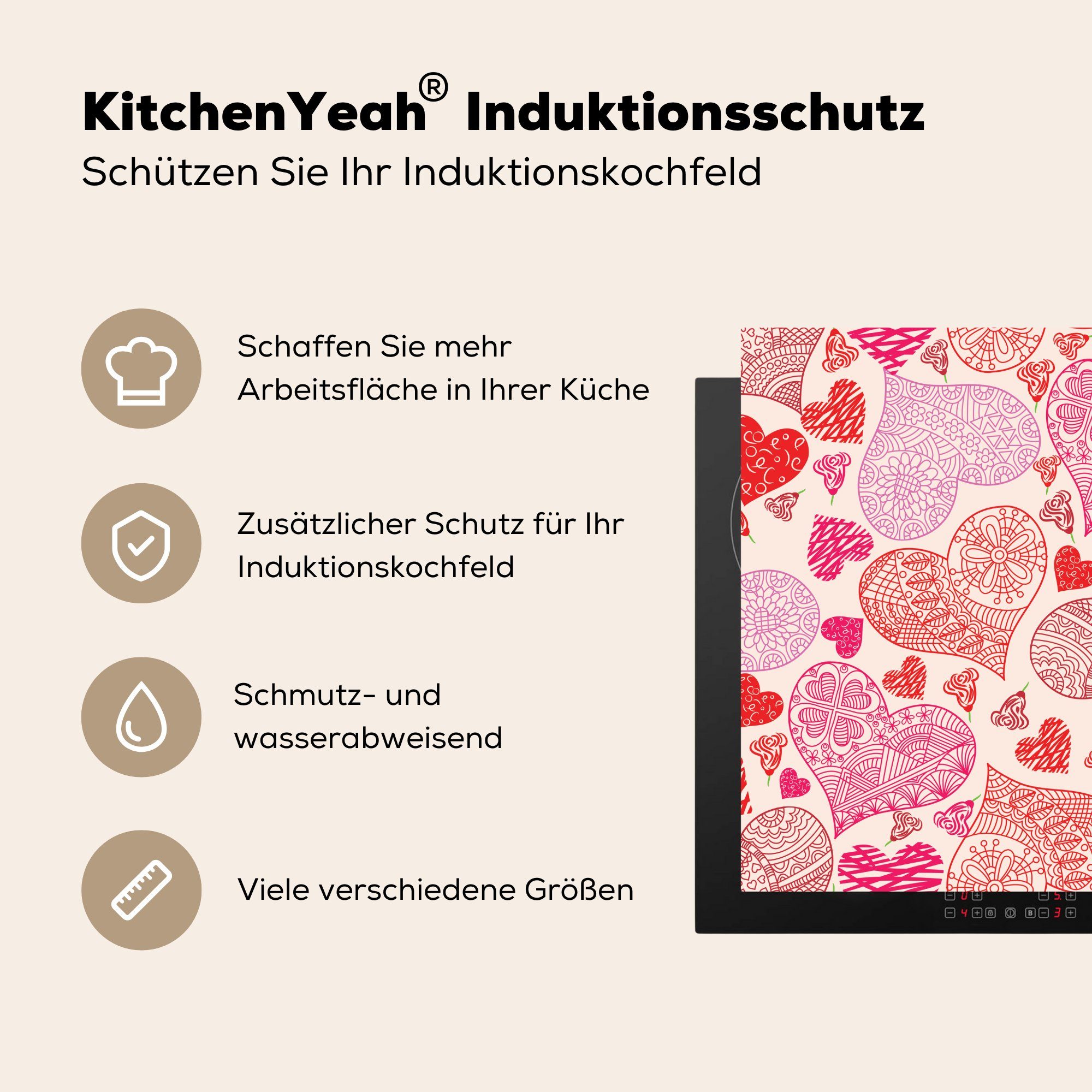 MuchoWow Herdblende-/Abdeckplatte (1 und küche Illustration für Arbeitsplatte roten tlg), Ceranfeldabdeckung, cm, rosa Herzen, 78x78 mit Eine Vinyl