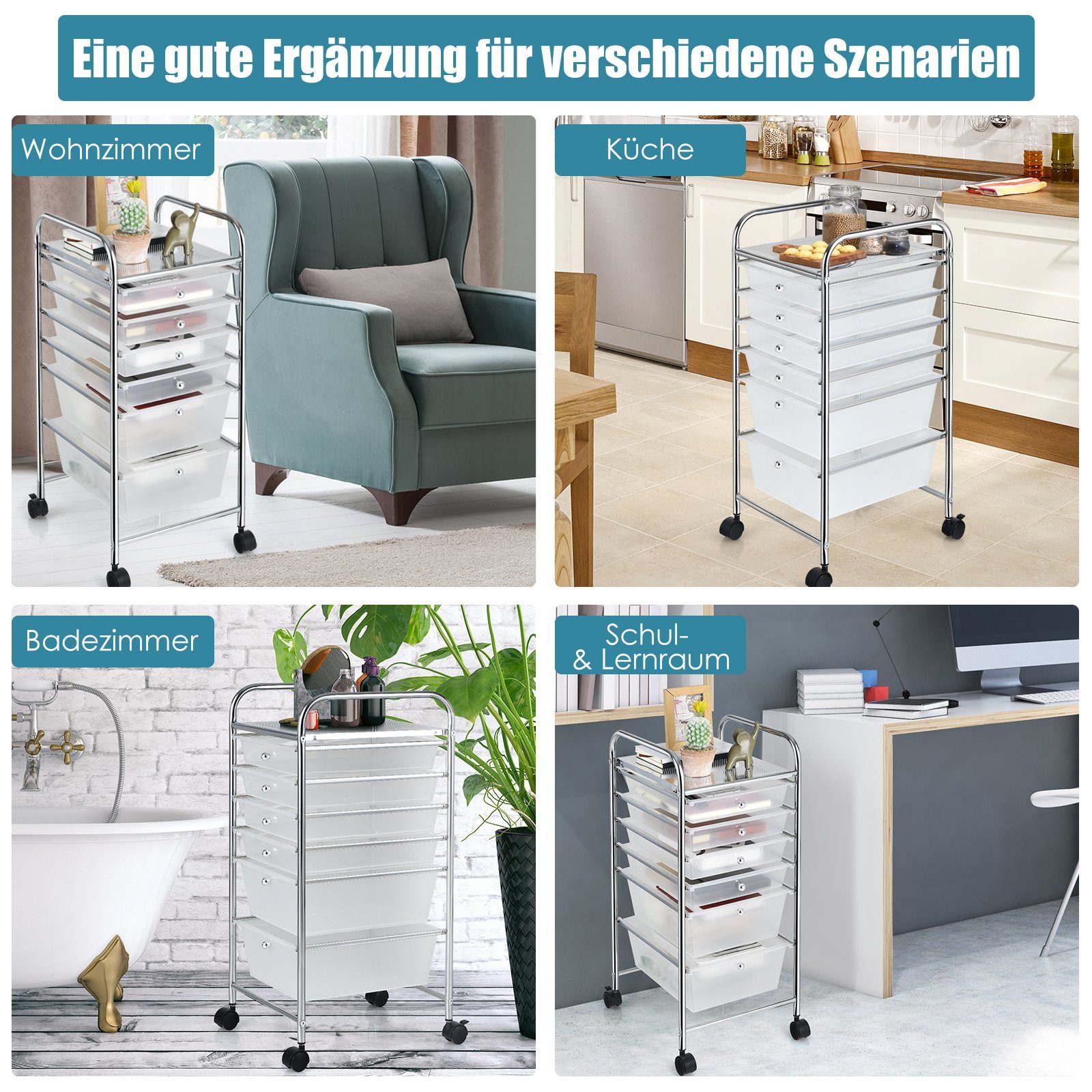 COSTWAY Rollwagen, mit 6 stapelbaren Schubladen, Metallgestell