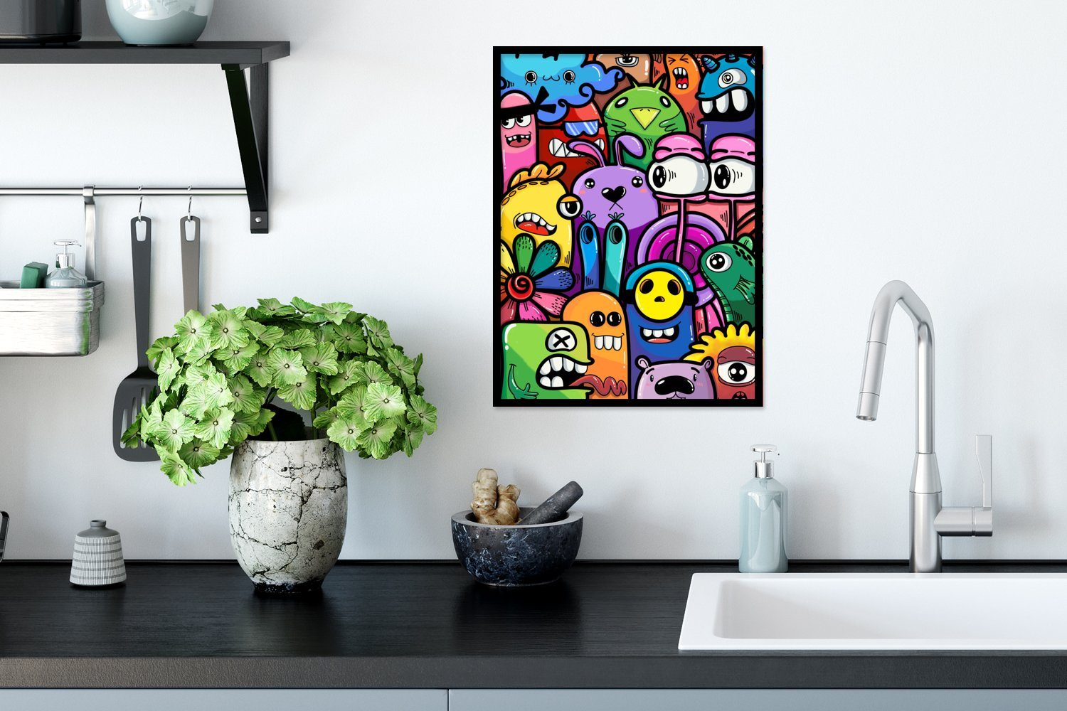 Kinder, Rahmen, MuchoWow - mit Poster, - Blumen - Schwarzem Monster Poster Gerahmtes - Lustig (1 Design Bilderrahmen St), Kunstdruck, - Regenbogen