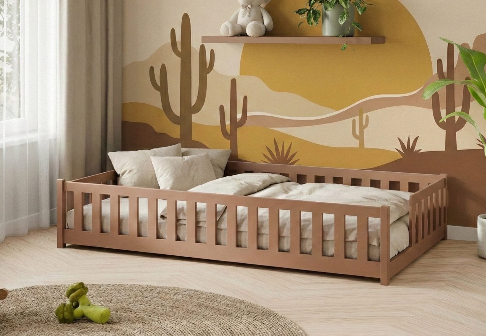 Kids Collective Kinderbett Bodenbett mit Rausfallschutz & Lattenrost Montessori Betten Kinder (Verfügbare Größen: 80 x 160, 80 x 180, 90 x 190, 90 x 200, 120 x 200, 140 x 200 cm), Jugendbett Einzelbett Kiefer Zimt 80x160 cm