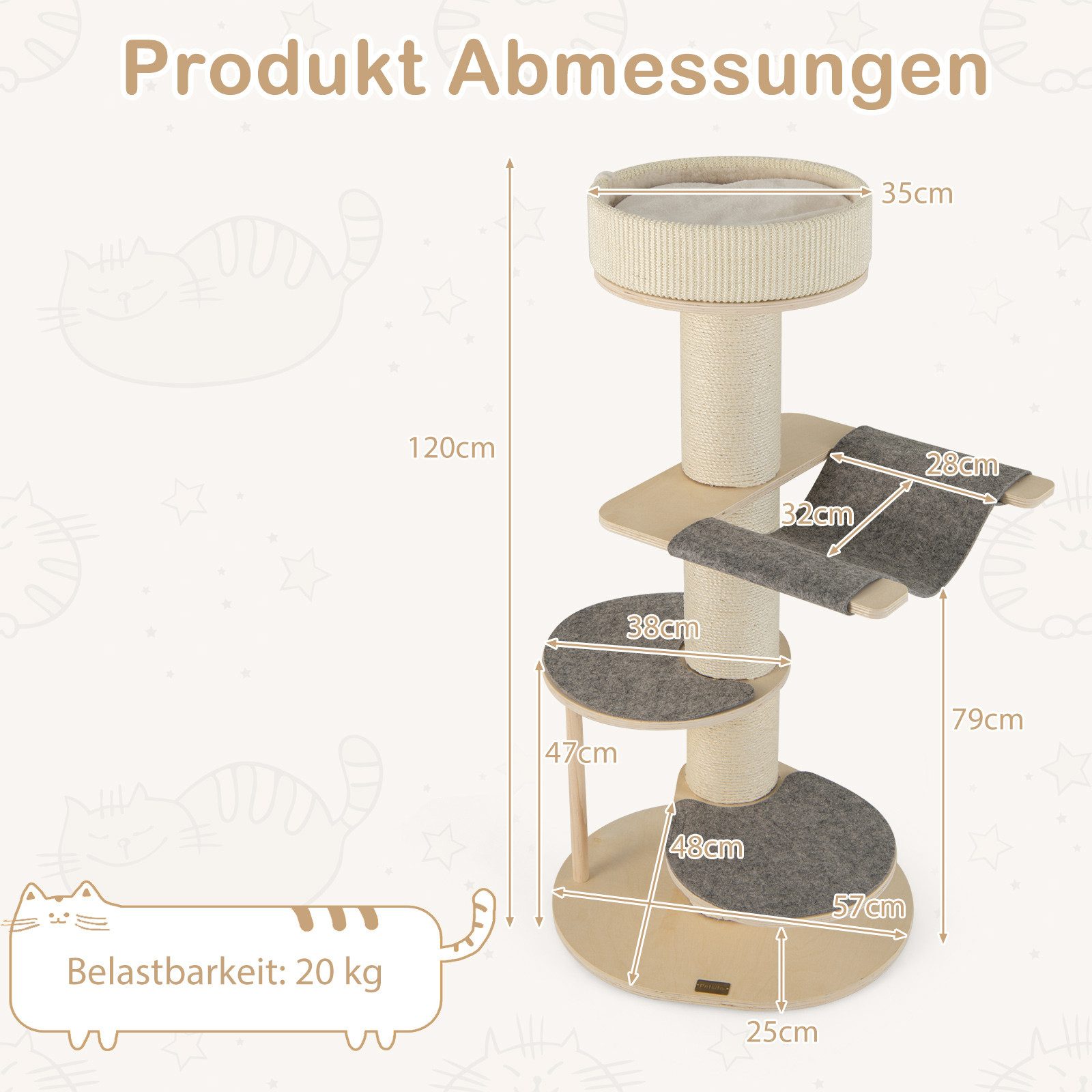 COSTWAY Kratzbaum, 120cm, mit Hängematte & 3 Plattformen & Kratzsäule