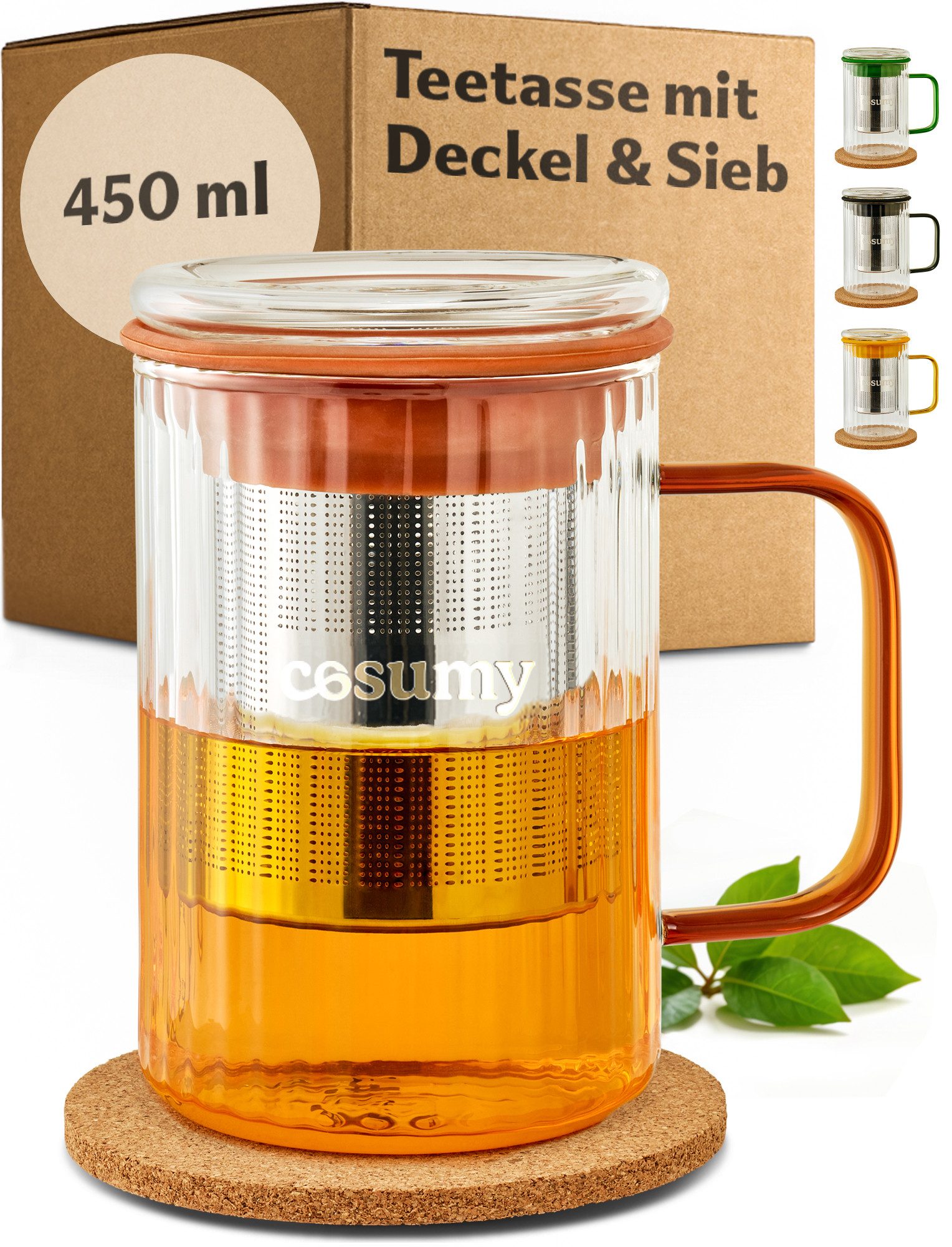 Cosumy Teeglas Cosumy Teetasse mit Deckel und Sieb 450ml Orange, Borosilikatglas, Edelstahl, Kork, Edelstahlfilter