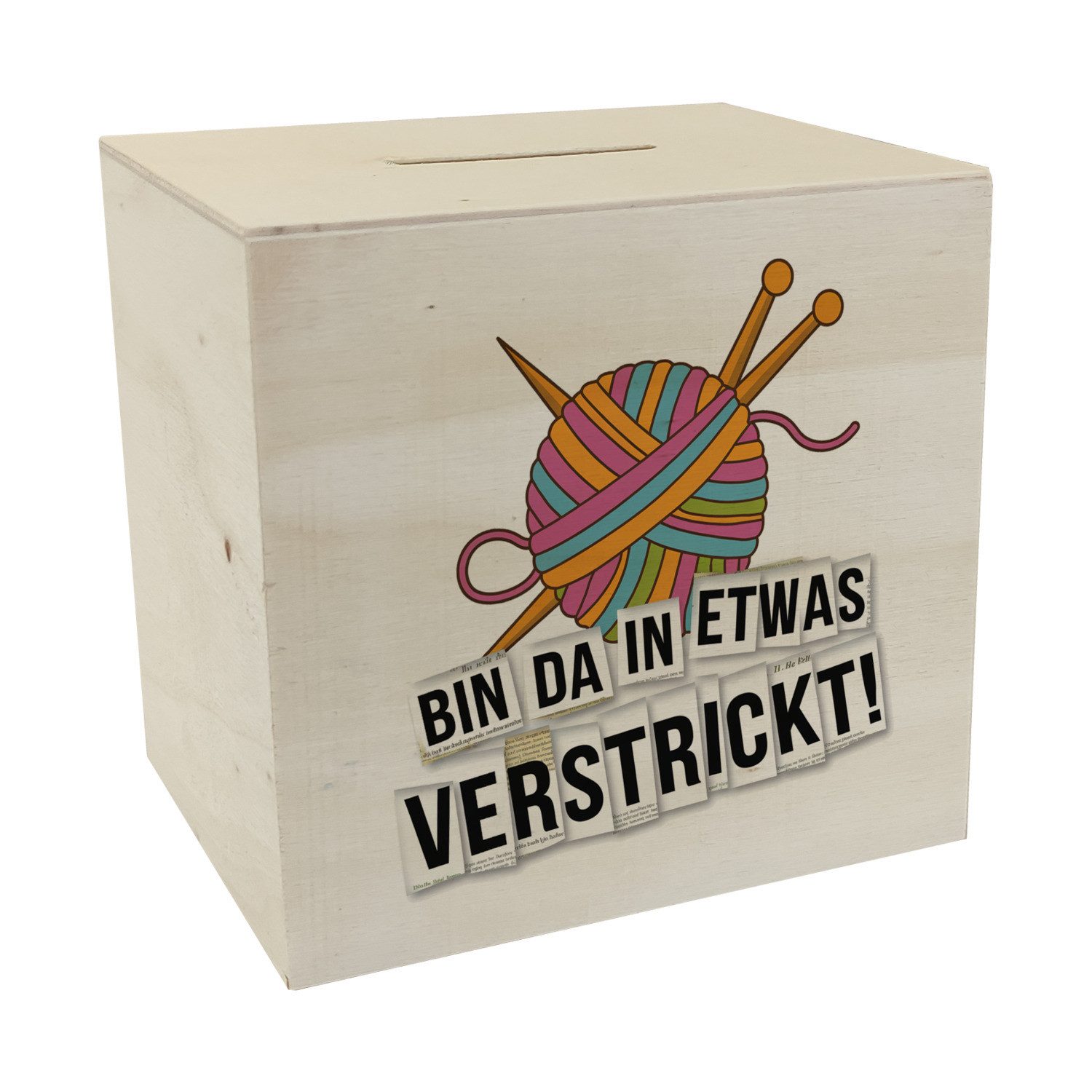 Spardose Bin da in etwas verstrickt Spardose aus Holz mit Wolle und