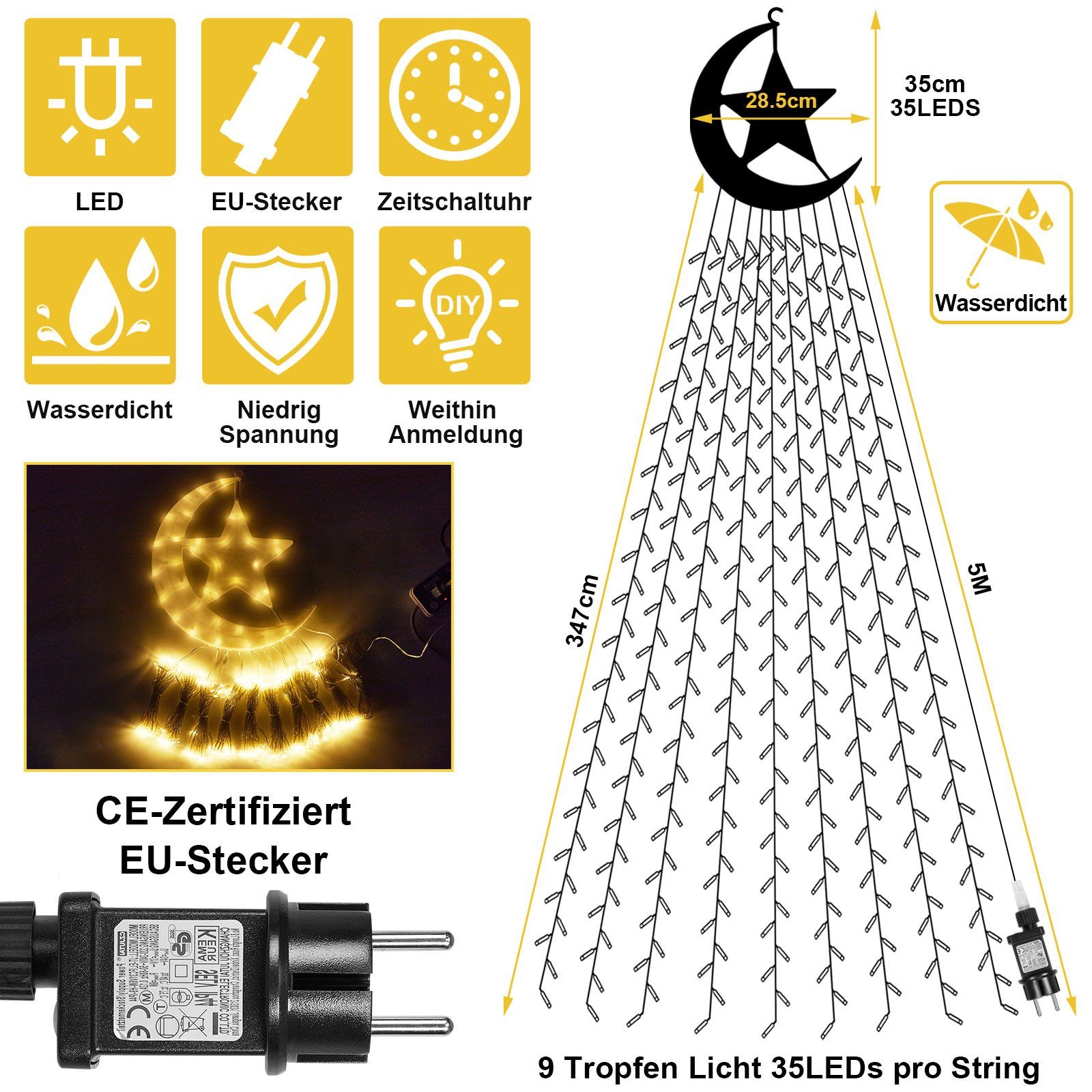 Rosnek LED-Baummantel 3.47M, 9 Speicherfunktion; 350-flammig, mit Dach wasserdicht, Ramadan; Weihnachten, 8 Deko; Innenhof Stränge, Topper Timer, Modi, für Baum Mondstern; Warmweiß