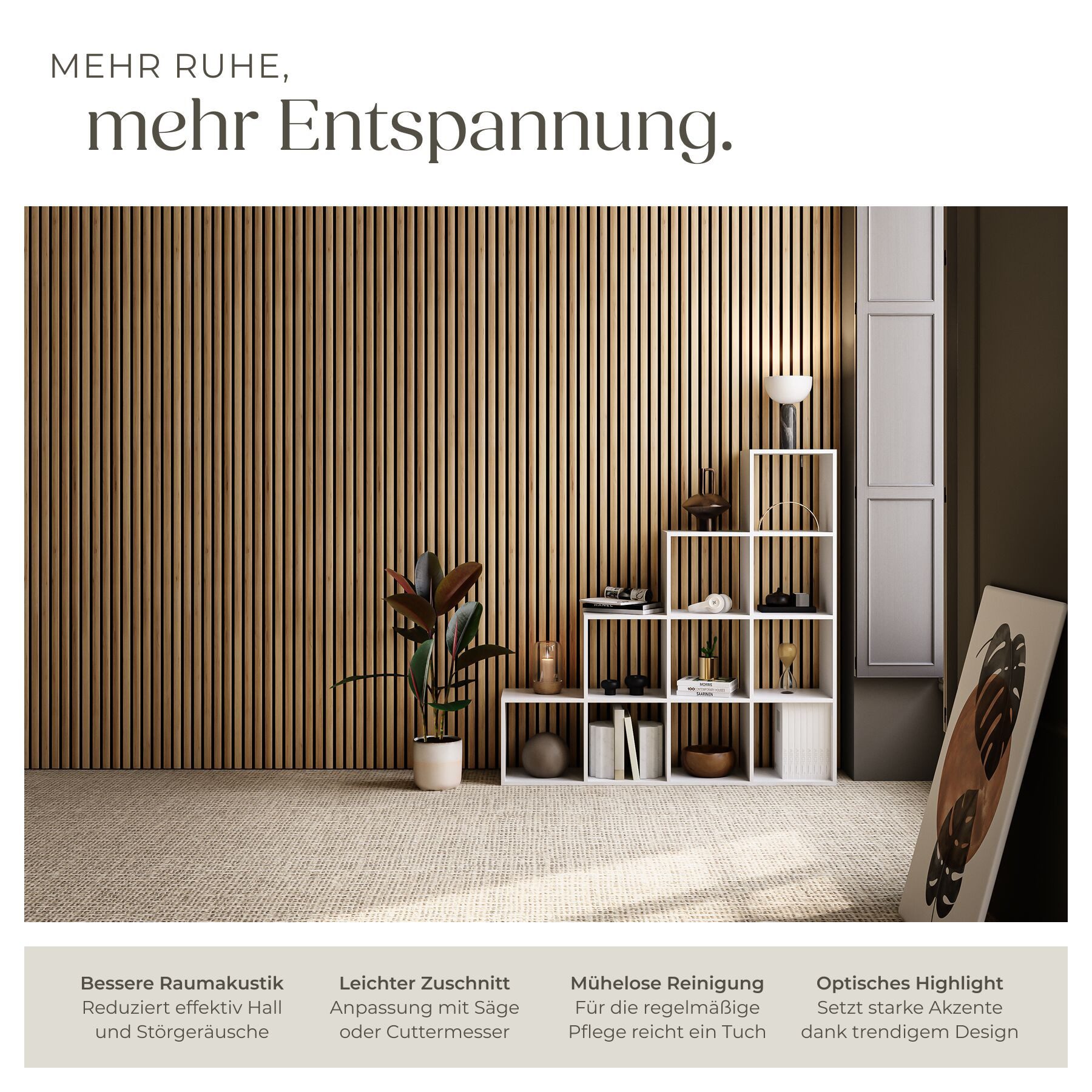 tectake Wandpaneel Akustikelement aus MDF mit Holzlamellen, BxL: 60x120 cm, 0.72 qm, (Akustikpaneele Sonic Wall, 4-tlg., in Eiche) schallabsorbierender Filz, ei – Bild 3 von 5