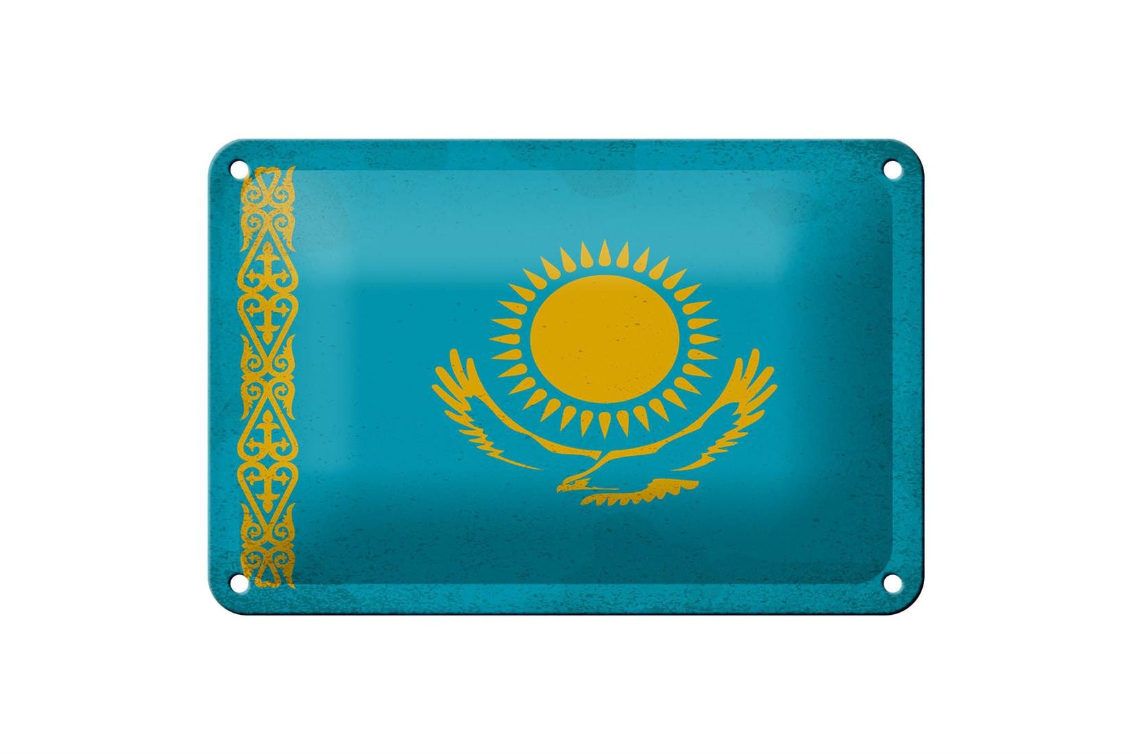 Femer GmbH Metallschild Flagge Kasachstan 18x12cm Kazakhstan Vintage, (1 St), gewölbte Oberfläche, abgerundete Ecken, umgeschlagene Kanten