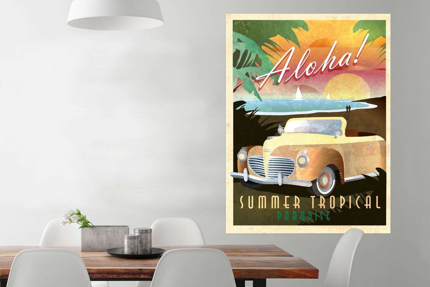 MuchoWow Poster Vintage Illustration Auto am Strand, (1 St), Wandbild, Deko, Schlafzimmer, Wohnzimmer, Qualitätsdruck Dickes Papier