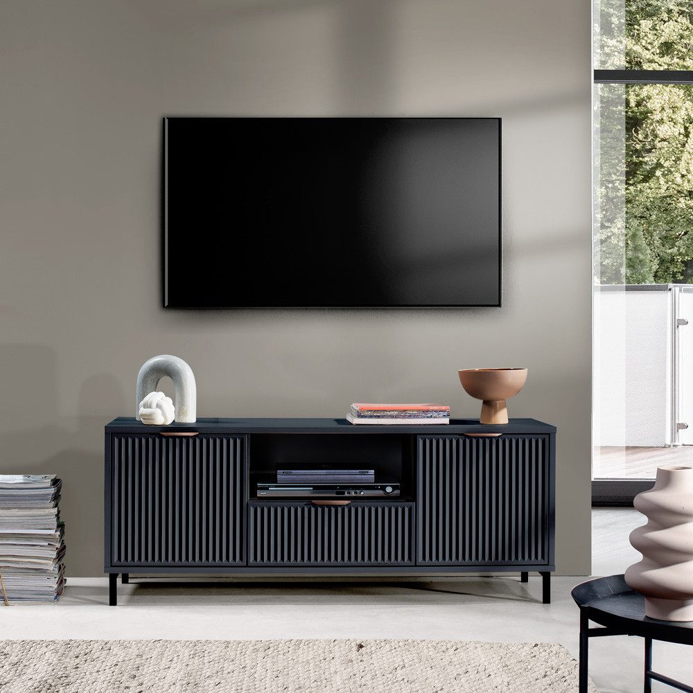 Lomadox Kommode LAURO-161, Fernsehtisch Fernsehschrank TV-Schrank Indigo blau Rillenoptik 135 cm