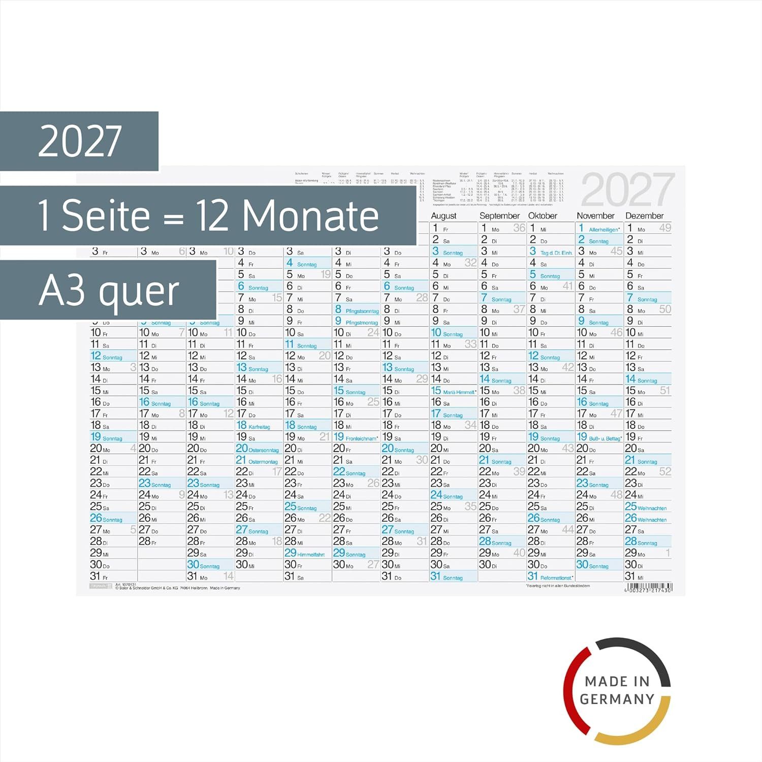 BRUNNEN Querkalender BRUNNEN Tafelkalender 2027, A3 quer