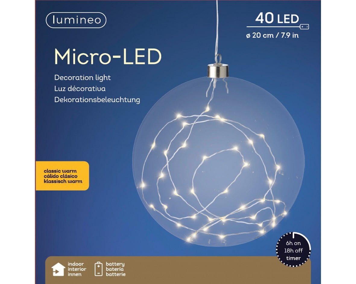 Lumineo LED-Lichterkette Micro LED Glaskugel, 40 LED 20 cm klassisch warm,  am Draht, Indoor, dimmbar, 6h-Timer, Batteriebetrieben