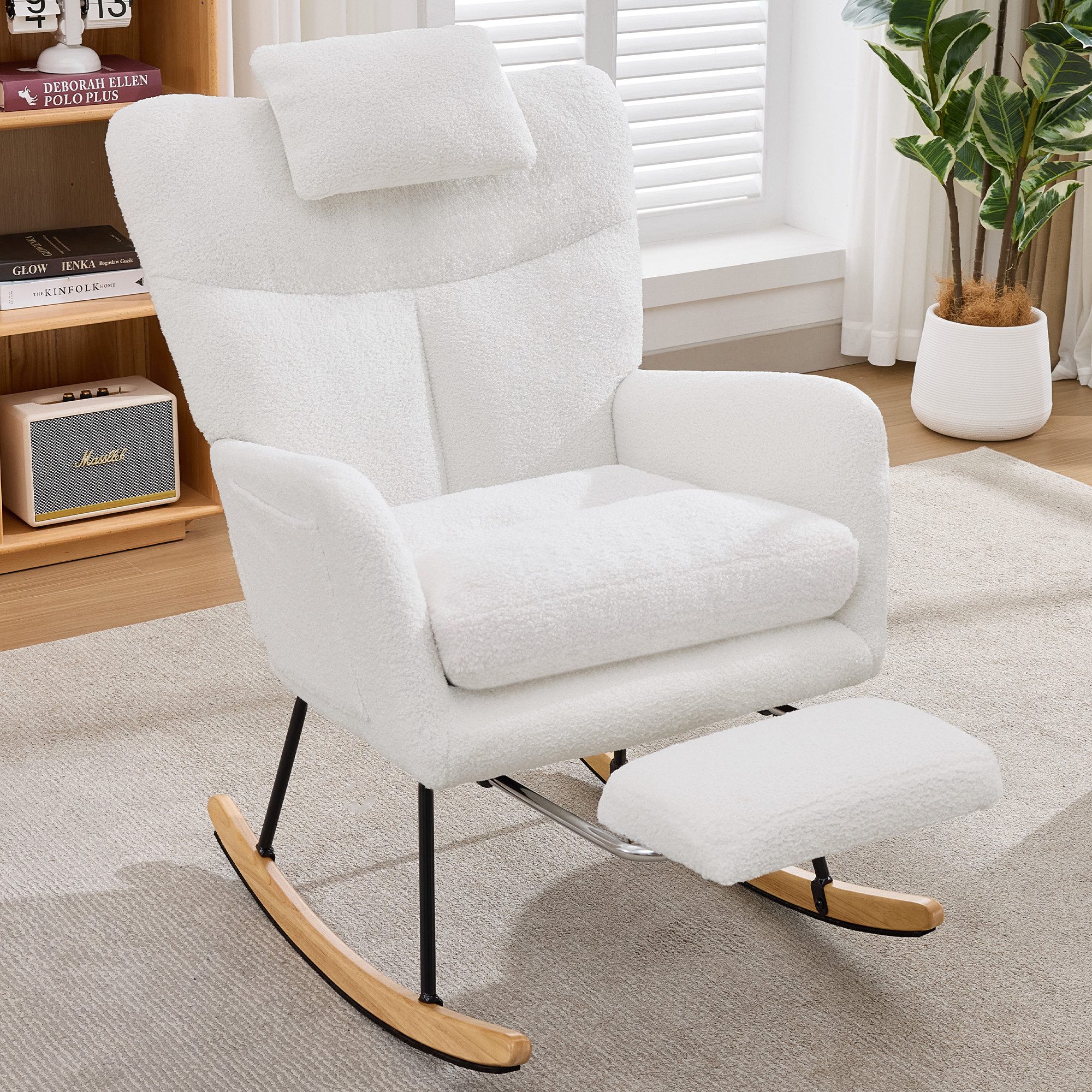 Merax Schaukelstuhl mit Fußablage, ergonomischer Schwingstuhl aus Teddysamt (1 St), Lesesessel Relaxsessel mit Kissen und Seitentaschen, 68,5×109×97,5cm