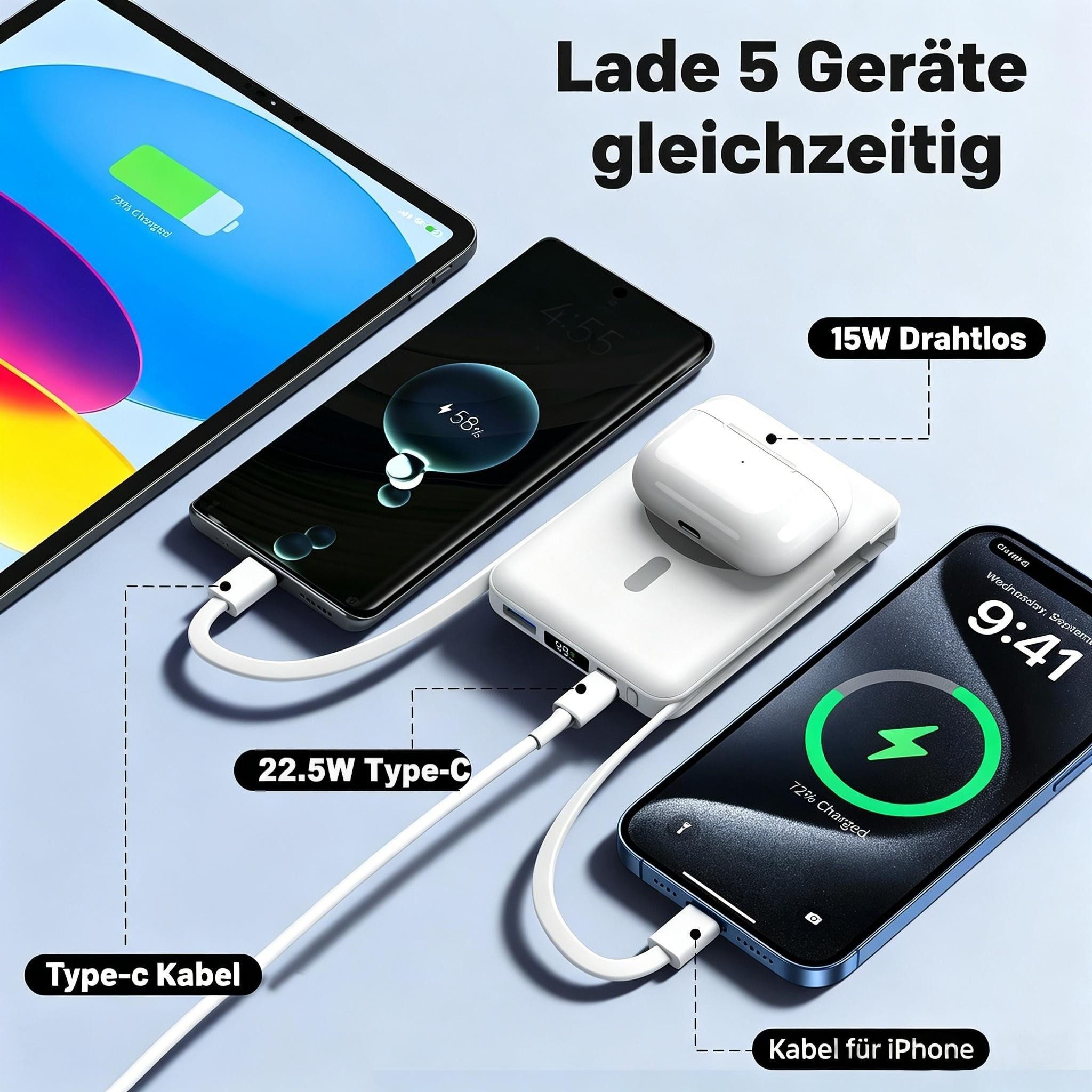 AIBISTAR 10000mAh Magnetisch MagSafe Powerbank mit 2 Kabel Klappständer LED Powerbank Magnet-Powerbank 10000 mAh, Magnetisches Wireless Charging,Kompatibel mit  – Bild 4 von 5