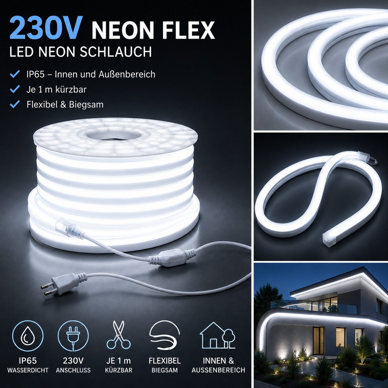 GTV LED Stripe 230V LED Neon Flex Lichtschlauch in Wunschlänge IP65 Innen & Außen, 230V LED Neon Flex IP65 Je 1 Meter kürzbar 15 × 8 mm 6500K KW