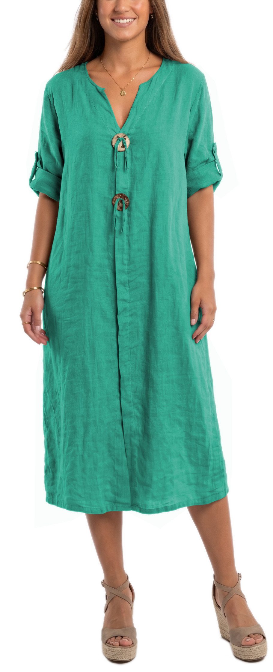 dy_mode Hemdblusenkleid Damen Leinenkleid Midi Hemdblusenkleid mit V-Ausschnitt Freizeitkleid in Unifarbe, V-Ausschnitt, mit seitlichen Eingriffstaschen