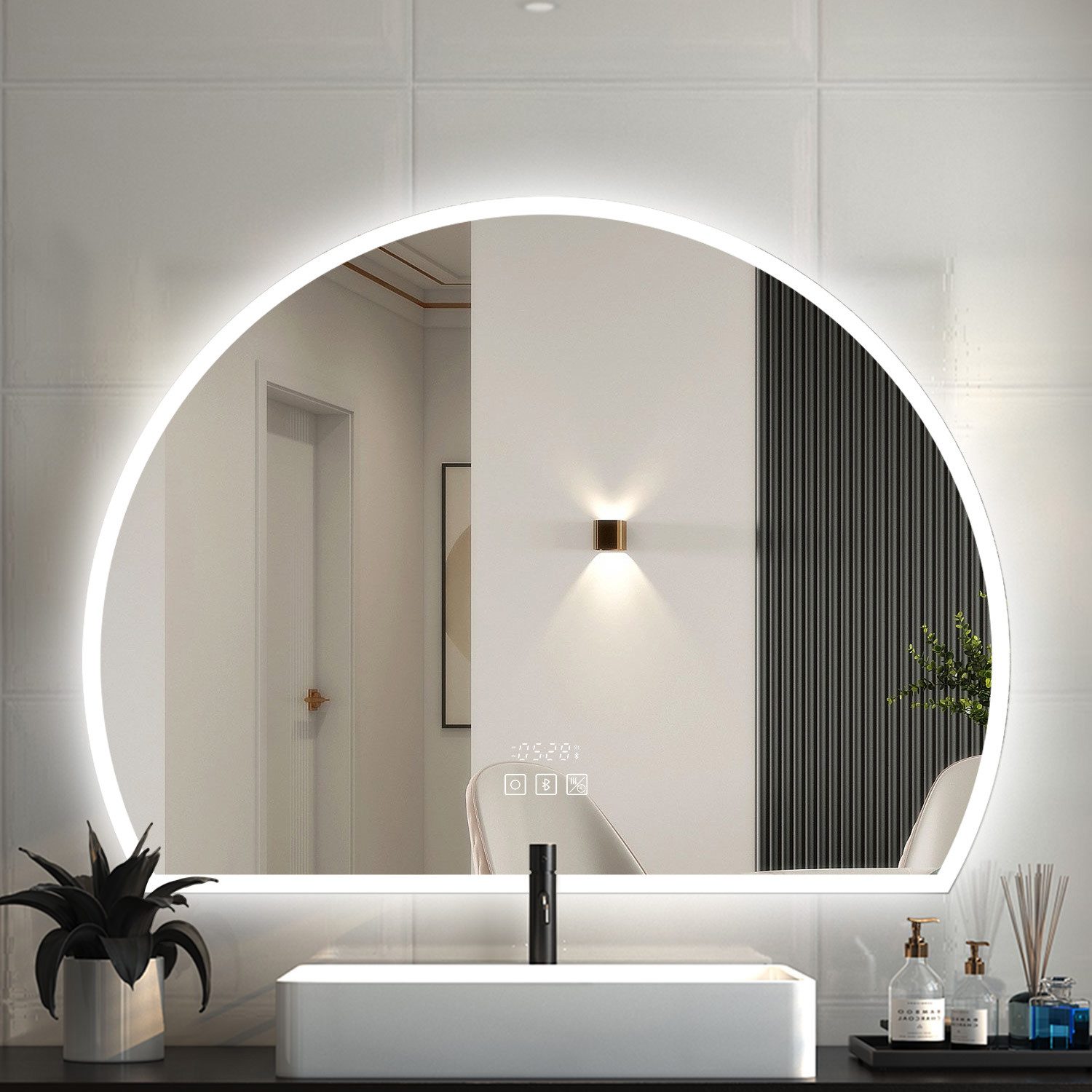 duschspa Badspiegel LED Badspiegel Halbrund Spiegel Touch/Wandschalter, Warm/Neutral/Kaltweiß, dimmbar, Memory, Beschlagfrei