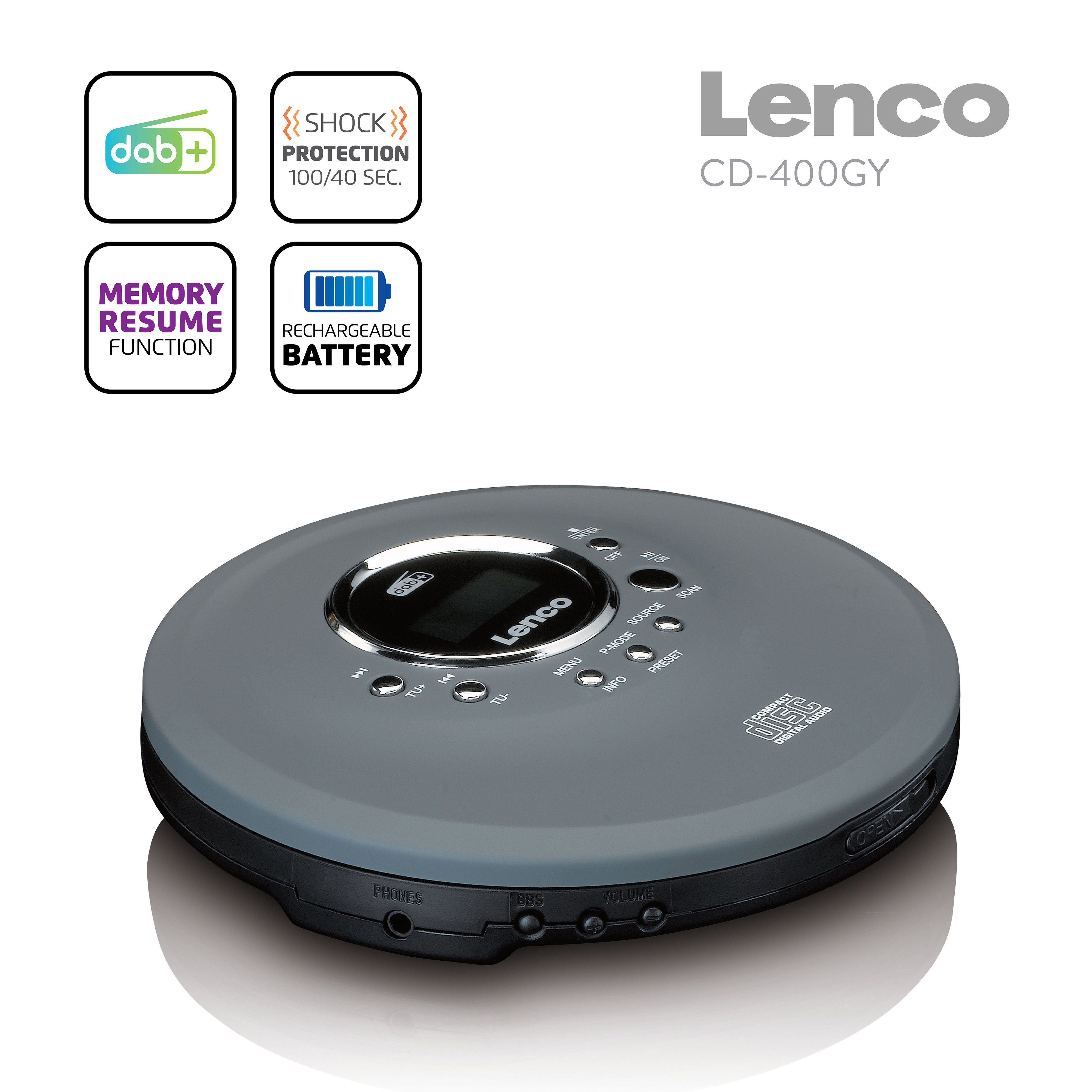 Lenco CD-400GY CD-Player (HD-Auflösung, Tragbarer CD/MP3-Player mit 8 Std Akku, DAB+ & Dynamic Bass Boost)