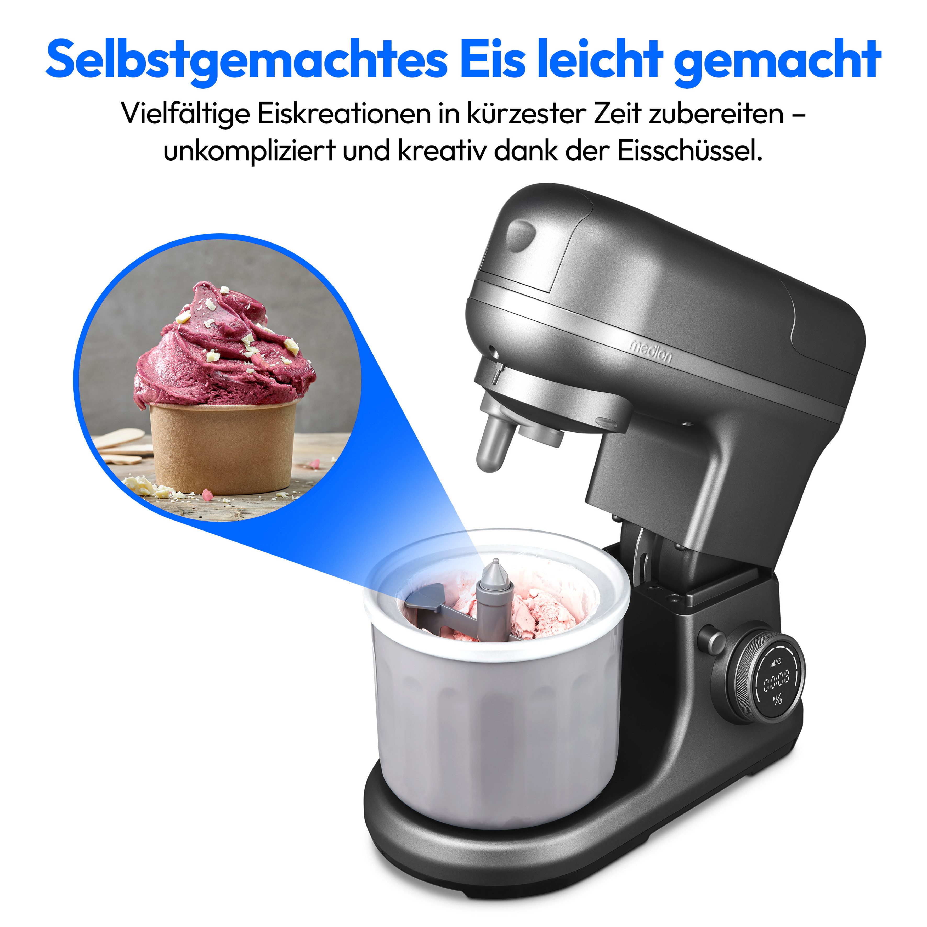 Medion® Küchenmaschine MD 18442 8 Geschwindigkeitsstufen, titan, 1200 W, 5 l Schüssel, Umfangreiches Zubehör-Set inkl. Eisschüssel für Speiseeiszubereitung – Bild 3 von 5