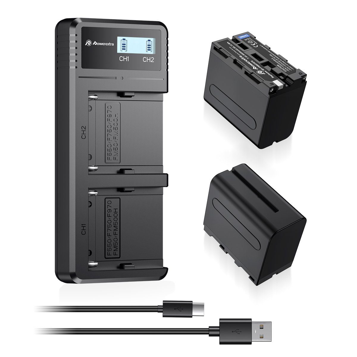 Powerextra 2 Ersatzakkus für Sony NP-F970 und LCD Dual Schnellladegerät Akku (7.4 V), Kompatibel mit Sony CCD-TR, CCD-TRV, DCR-TR, DCS-CD Series und mehr