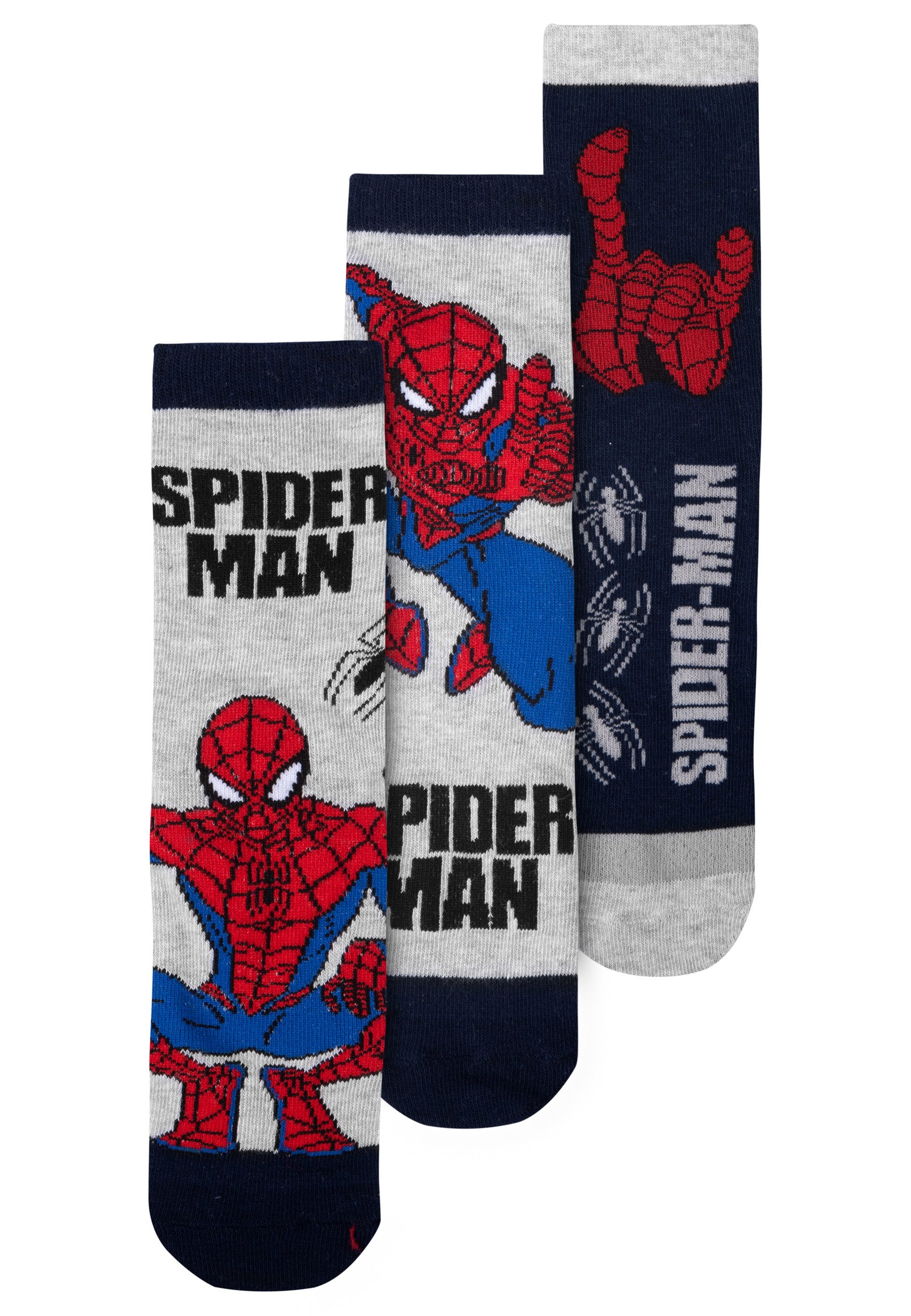 United Labels® Socken Marvel Spider-Man Socken Jungen Sneaker Söckchen Grau/Blau (3er Pack)