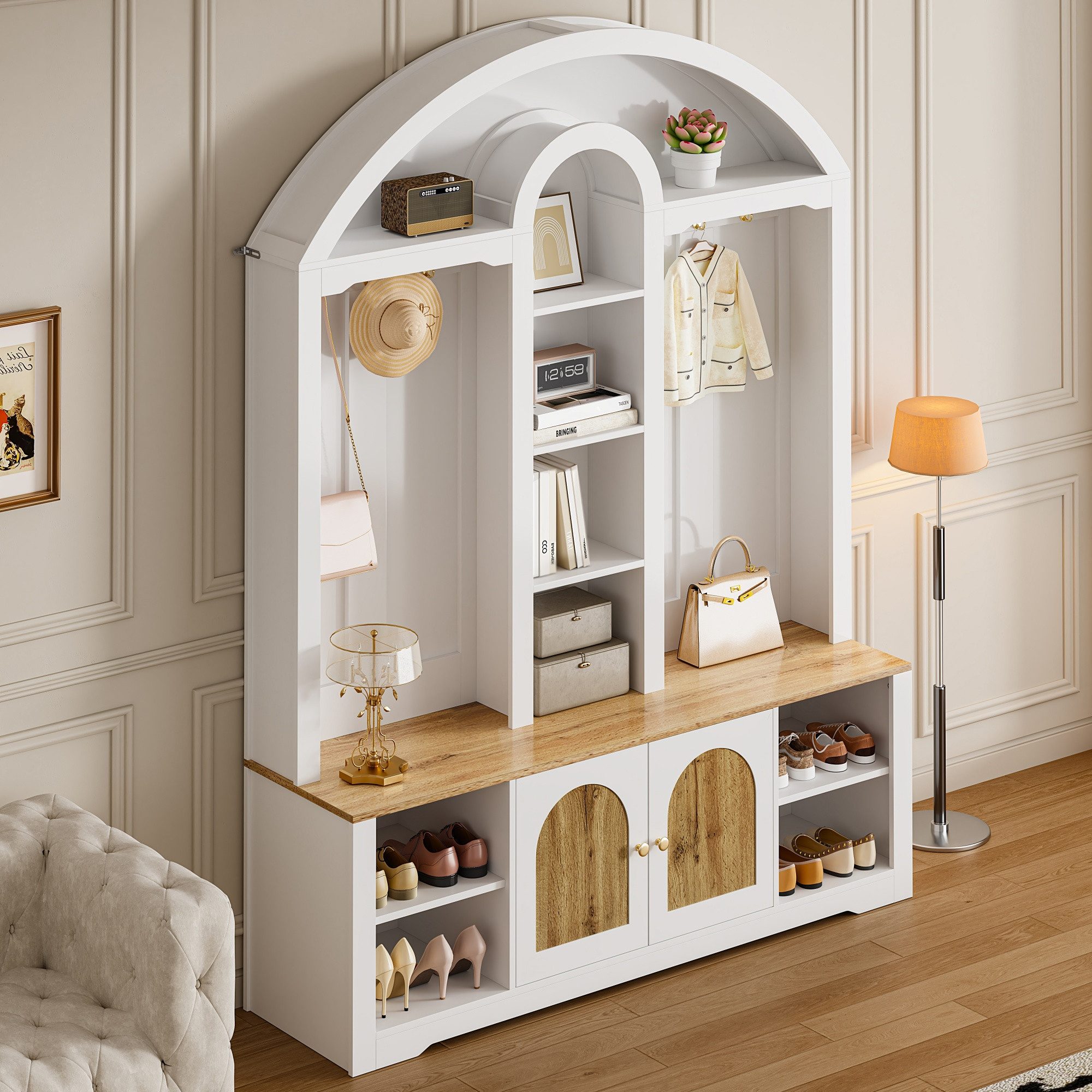 Merax Garderoben-Set Garderobenschrank mit LED-Beleuchtung und geschwungenem Design, (Flur- & Kleiderschrank im skandinavischen Weiß/Schwarz-Holz-Look, 1-St., 150 L x40 B x 195 H(cm), Möbelset mit Mittelablagen, Doppeltüren, Schuhregal & Metallhaken