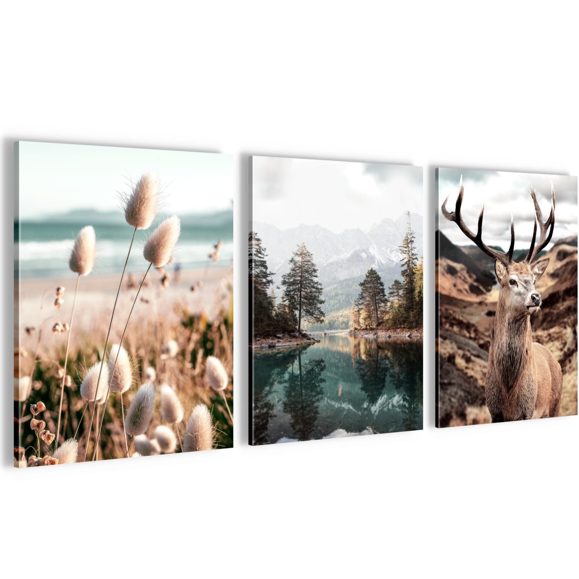 Novart Wandbild Wald Natur Bilder Set 3 Teilig Wohnzimmer Schlafzimmer Deko, Berge Hirsch