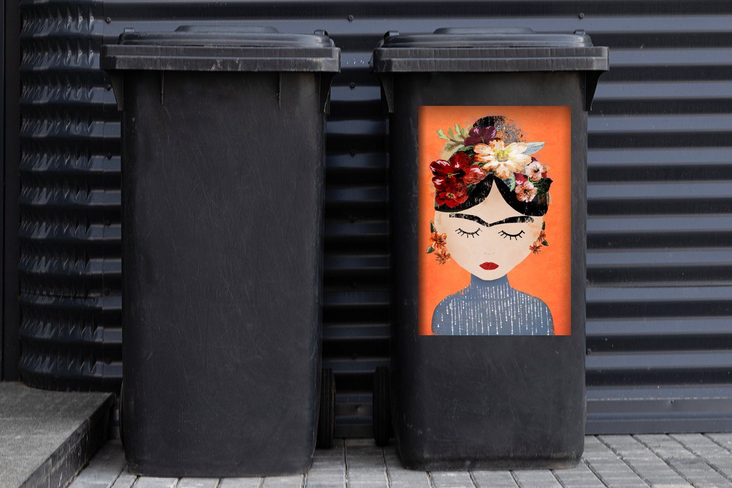 - Frau Blumen Wandsticker Sticker, Kahlo Mülleimer-aufkleber, Frida (1 - MuchoWow - Abfalbehälter Porträt St), - Mülltonne, Orange Container,