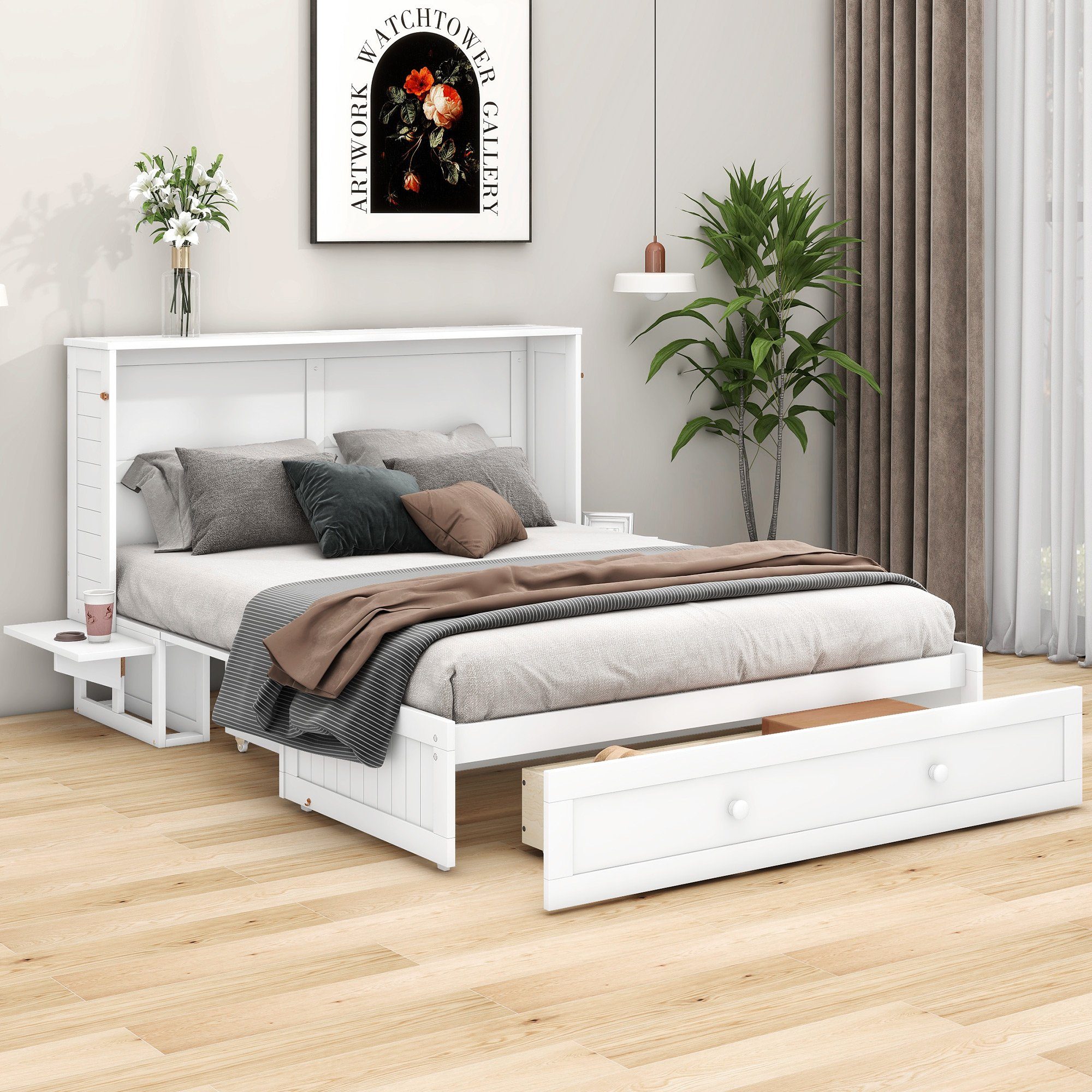 HAUSS SPOLE Schrankbett 140 x 200cm mit Schubladen am Bettende und kleinem Regal, Weiß