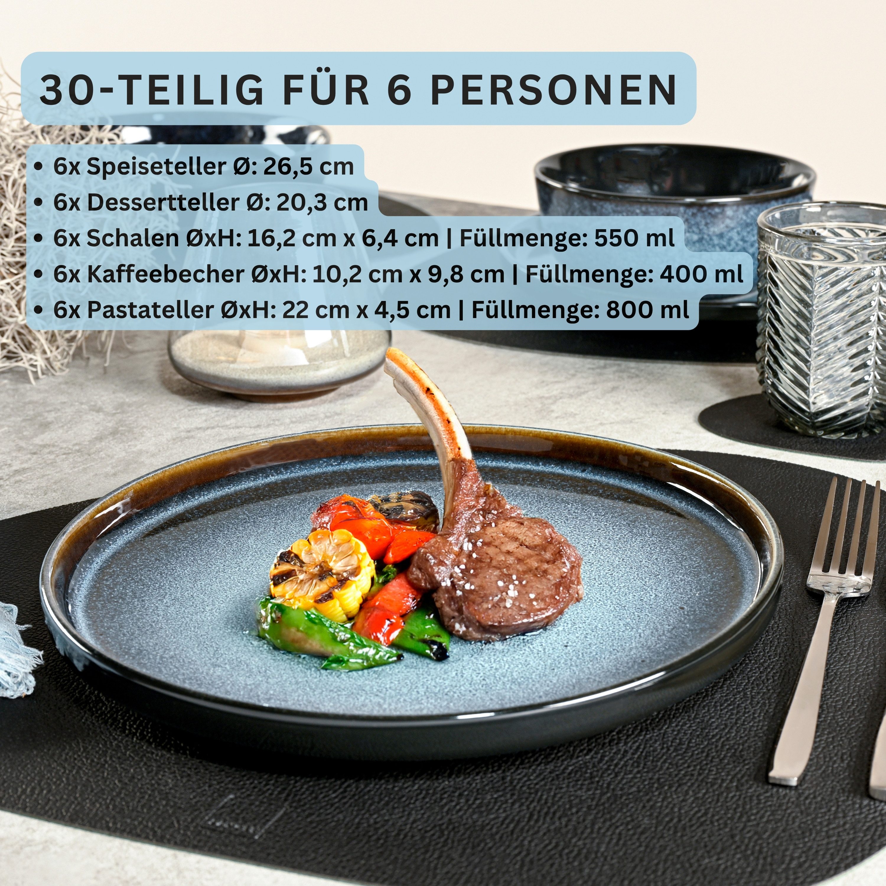 SÄNGER Geschirr-Set Osaka Blau mit schwarzem Rand (30-tlg), 6 Personen, Steingut, Kombiservice, Handmade, Erweiterbar, VALUE COLLECTION