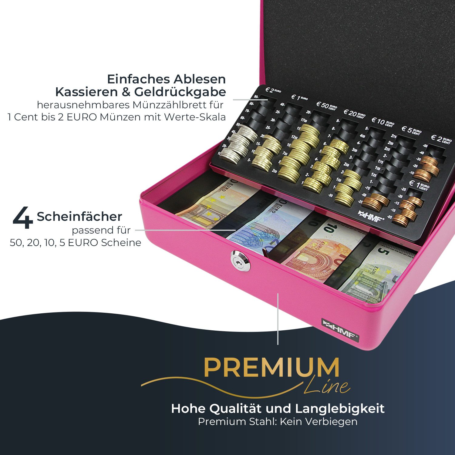 HMF Geldkassette abschließbare Bargeldkasse mit EURO-Münzzählbrett und Scheinfach, hochwertige Geldzählkassette mit Schlüssel, 30 x 24 x 9 cm, pink