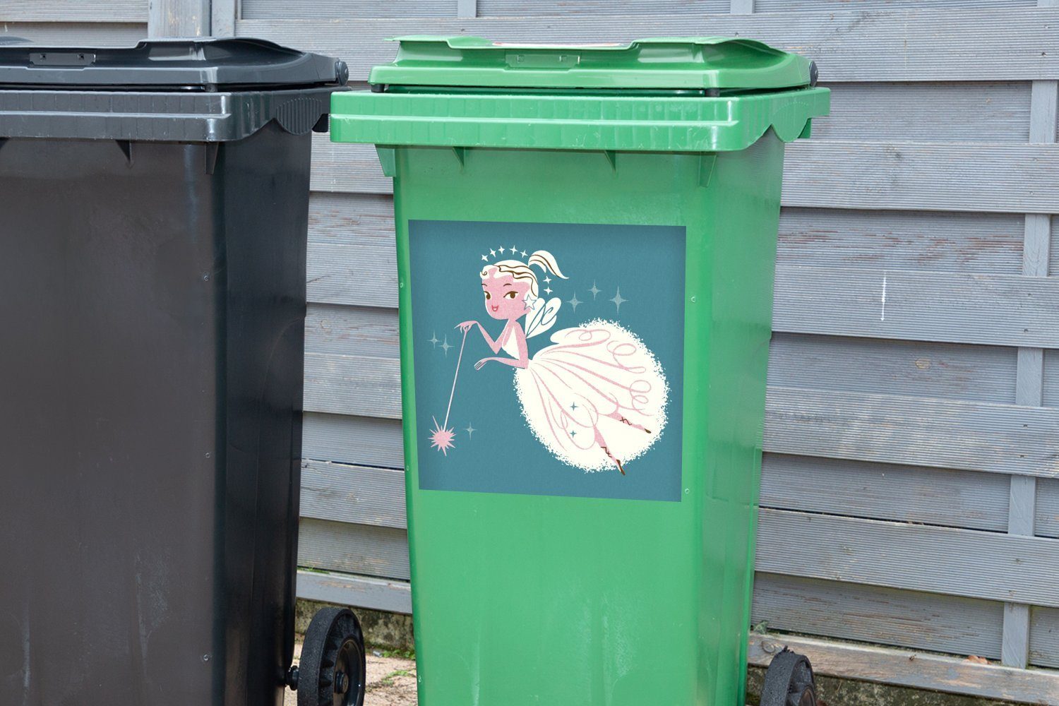 Abfalbehälter (1 St), Fee Wandsticker einer Illustration Eine auf Mülltonne, Hintergrund blauem MuchoWow Mülleimer-aufkleber, Sticker, Container,