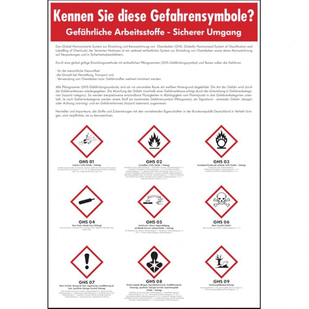 Hinweisschild Aushang, Gefährliche Arbeitsstoffe - Sicherer Umgang - GHS Symbole
