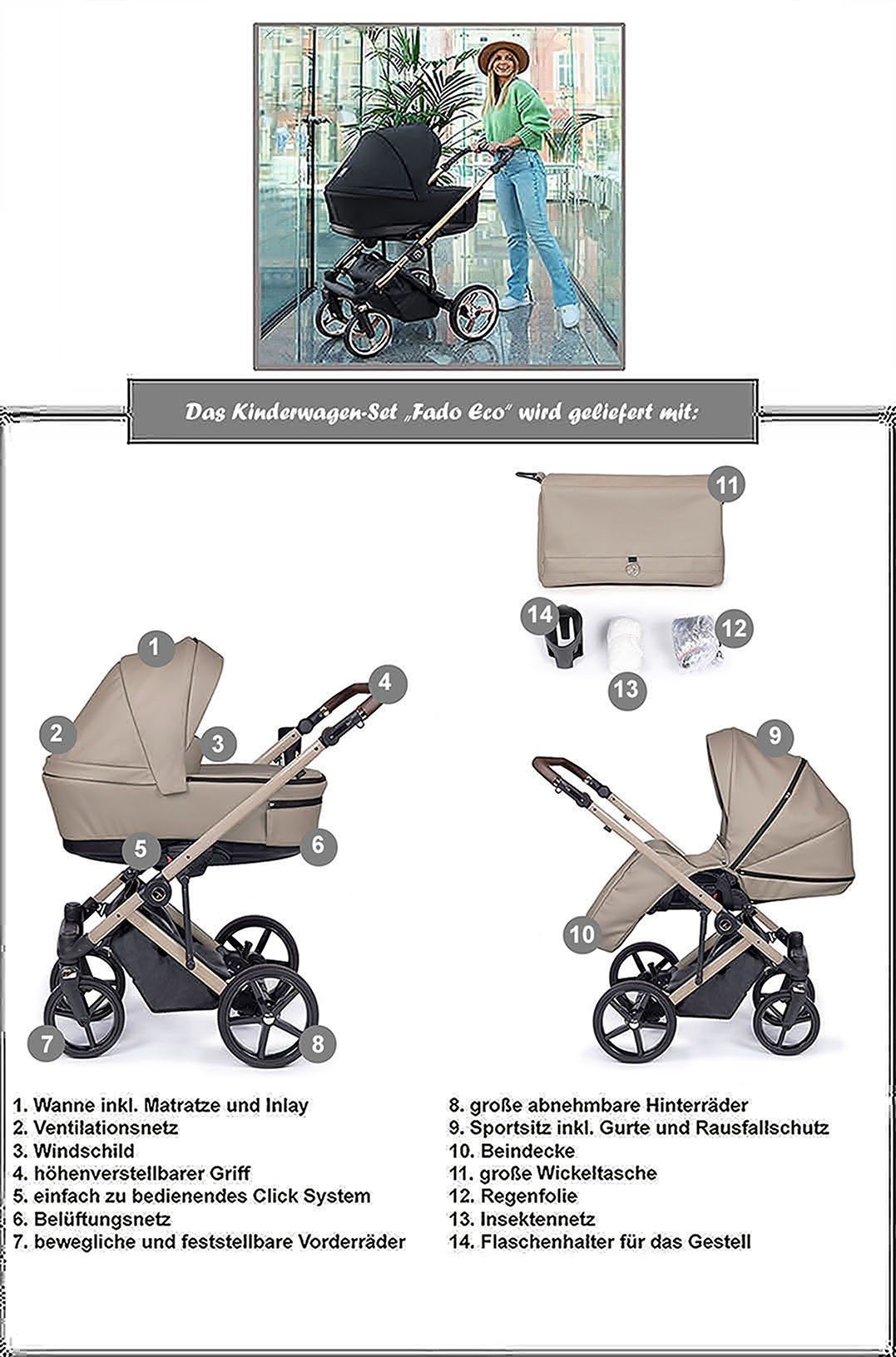 Gestell - Designs 2 Weiß 21 in - = beige Kinderwagen-Set Teile in 14 Eco Fado babies-on-wheels 1 Kombi-Kinderwagen