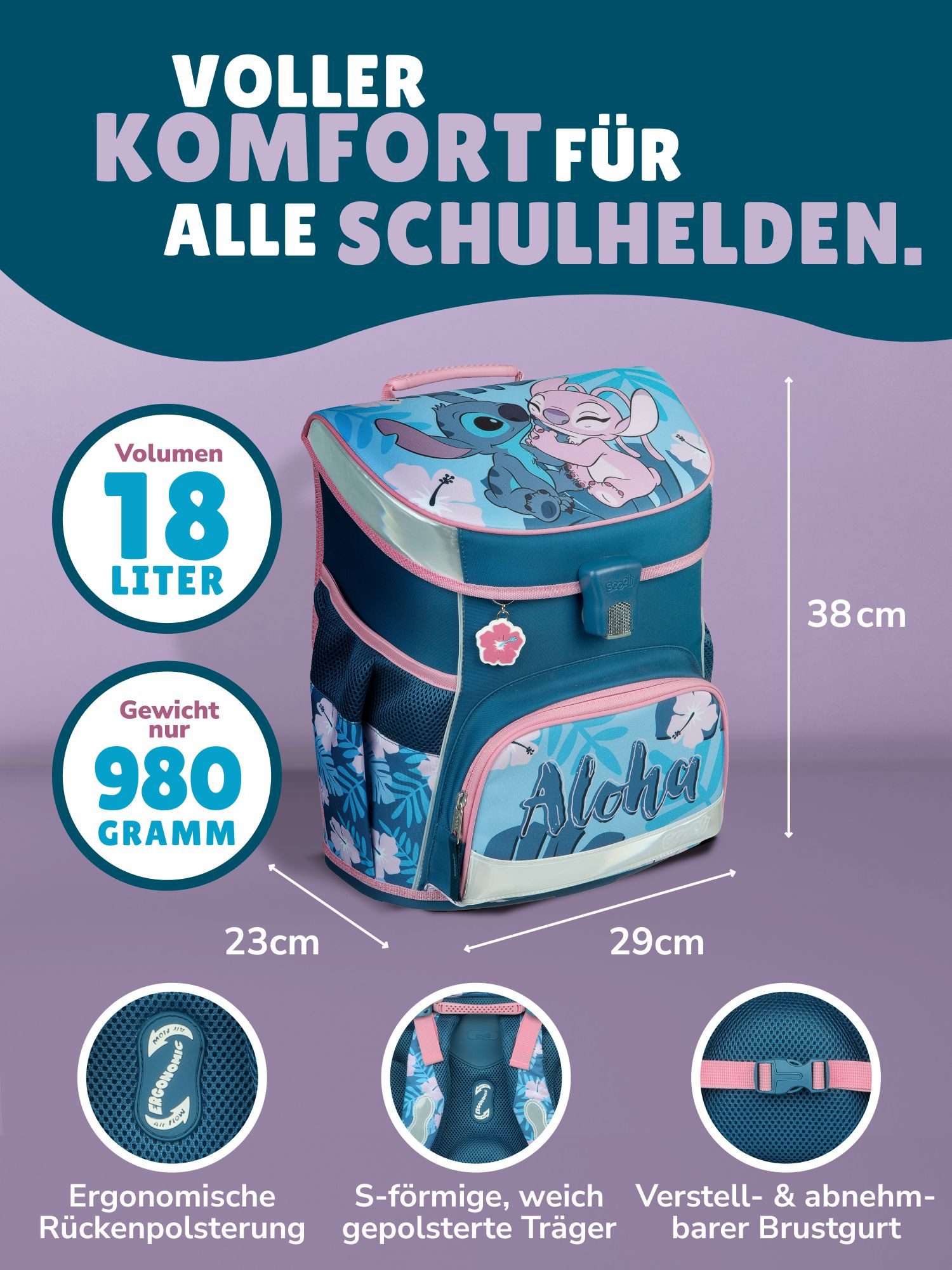 Scooli Schulranzen Campus Fit Disney Stitch Schultasche ab der 1. Klasse (Komplett-Set, 10-tlg., mit Lunch-Set, Sporttasche und Schultüte 85cm), mit Brustgurt,  – Bild 4 von 5
