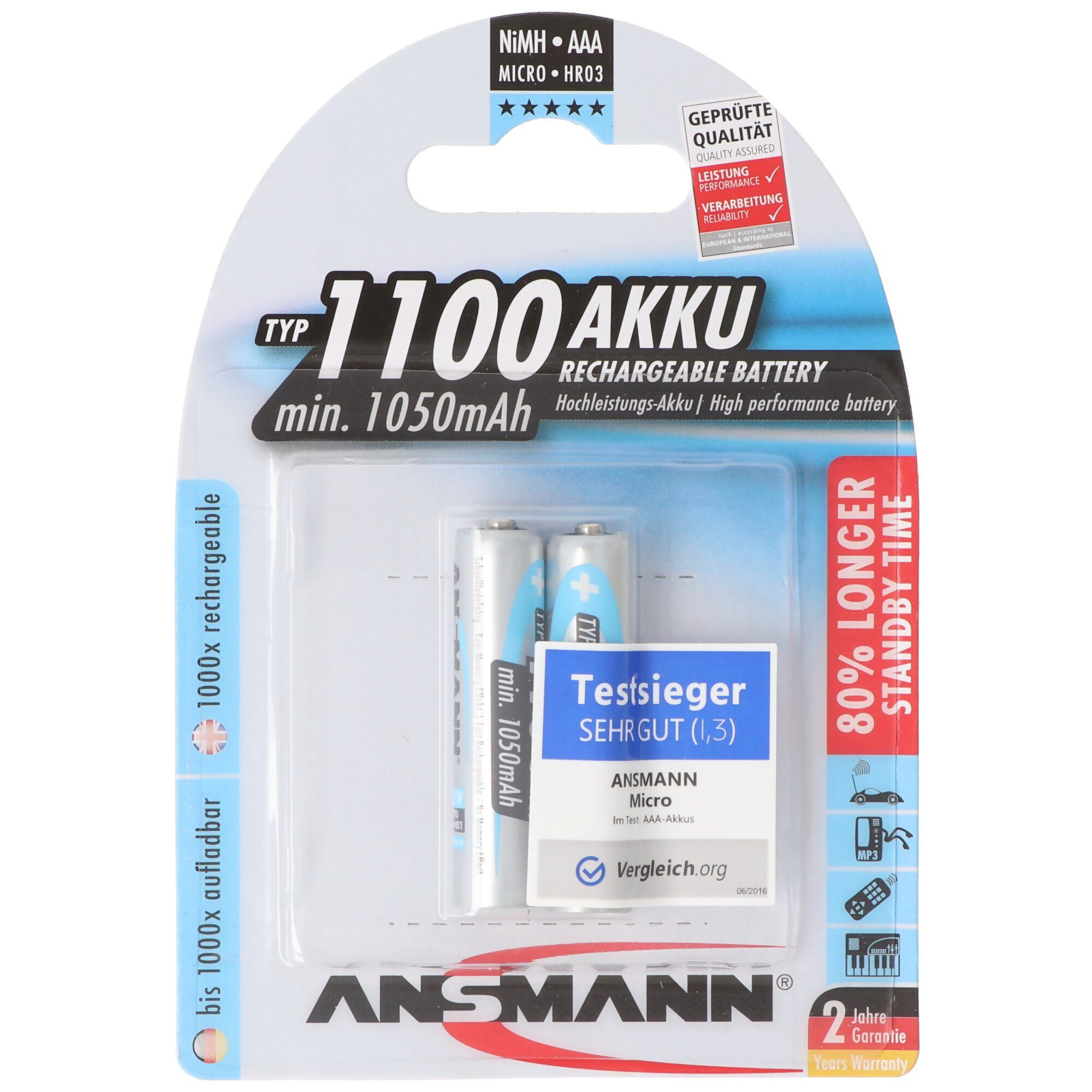 Blister 2er NiMH-Akku ANSMANN® Typ Akku V) 1050mAh Ansmann 1100 Micro (1,2 1050 mAh