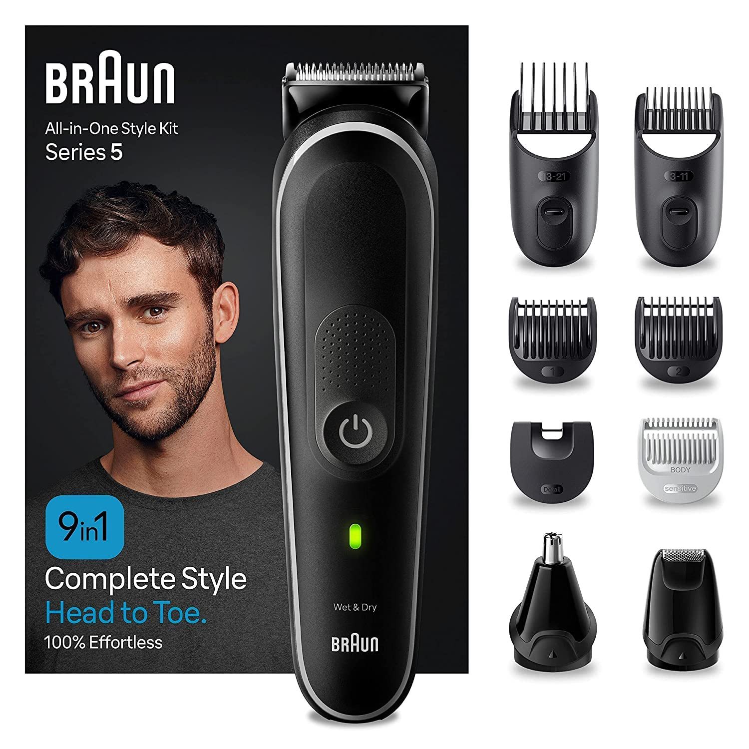 Braun Haarschneider, Elektrischer Bartschneider und Rasierer zum Trimmen Stylen Rasieren, 9-in-1 mit ultrascharfer Klinge, anpassbaren Längen, Langlebigem Akku