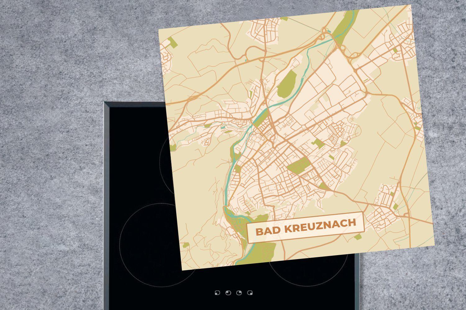 Vintage Bad - - Stadtplan, Herdblende-/Abdeckplatte für küche tlg), 78x78 Vinyl, Karte (1 Arbeitsplatte - MuchoWow Kreuznach cm, Ceranfeldabdeckung,