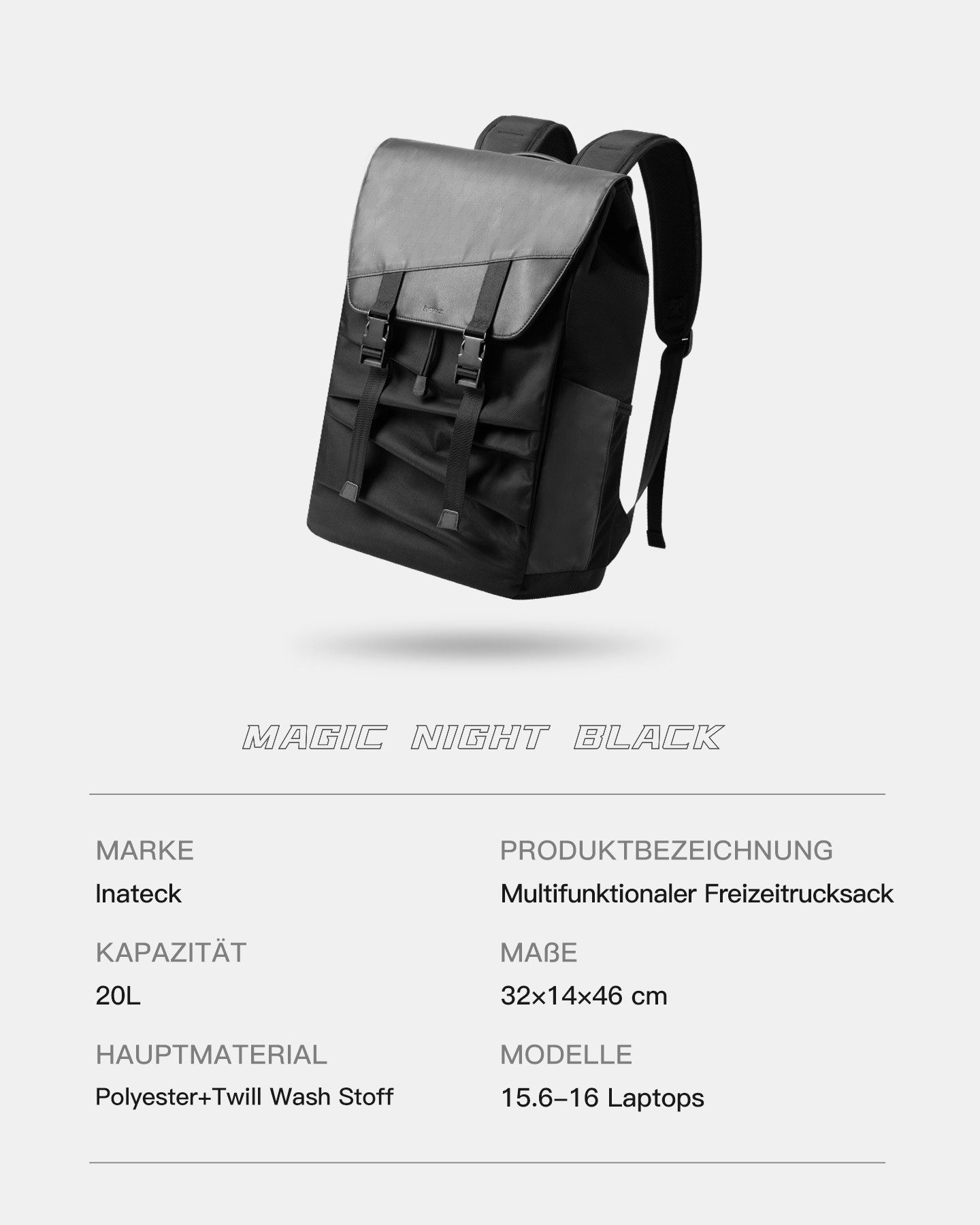 Inateck Laptoprucksack 20L Freizeitrucksack Kompatibel mit 15,6-16 Zoll Laptops, Geeignet für Kurzreisen, Outdoor-Aktivitäten, Geschäftsreisen